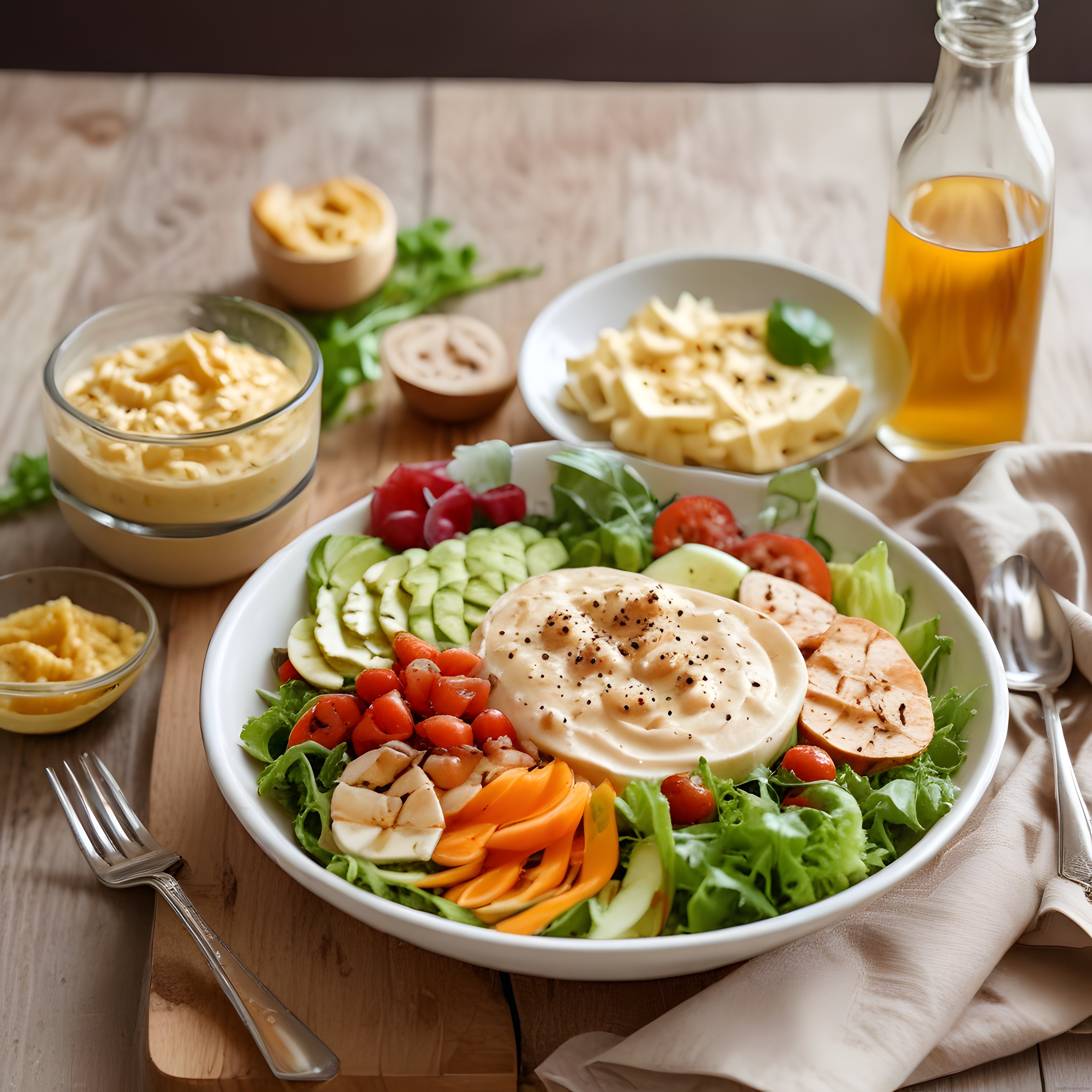 Rustik Ahşap Masada Renkli Salata Kasesi ve Ev Yapımı Mezze Tablosu