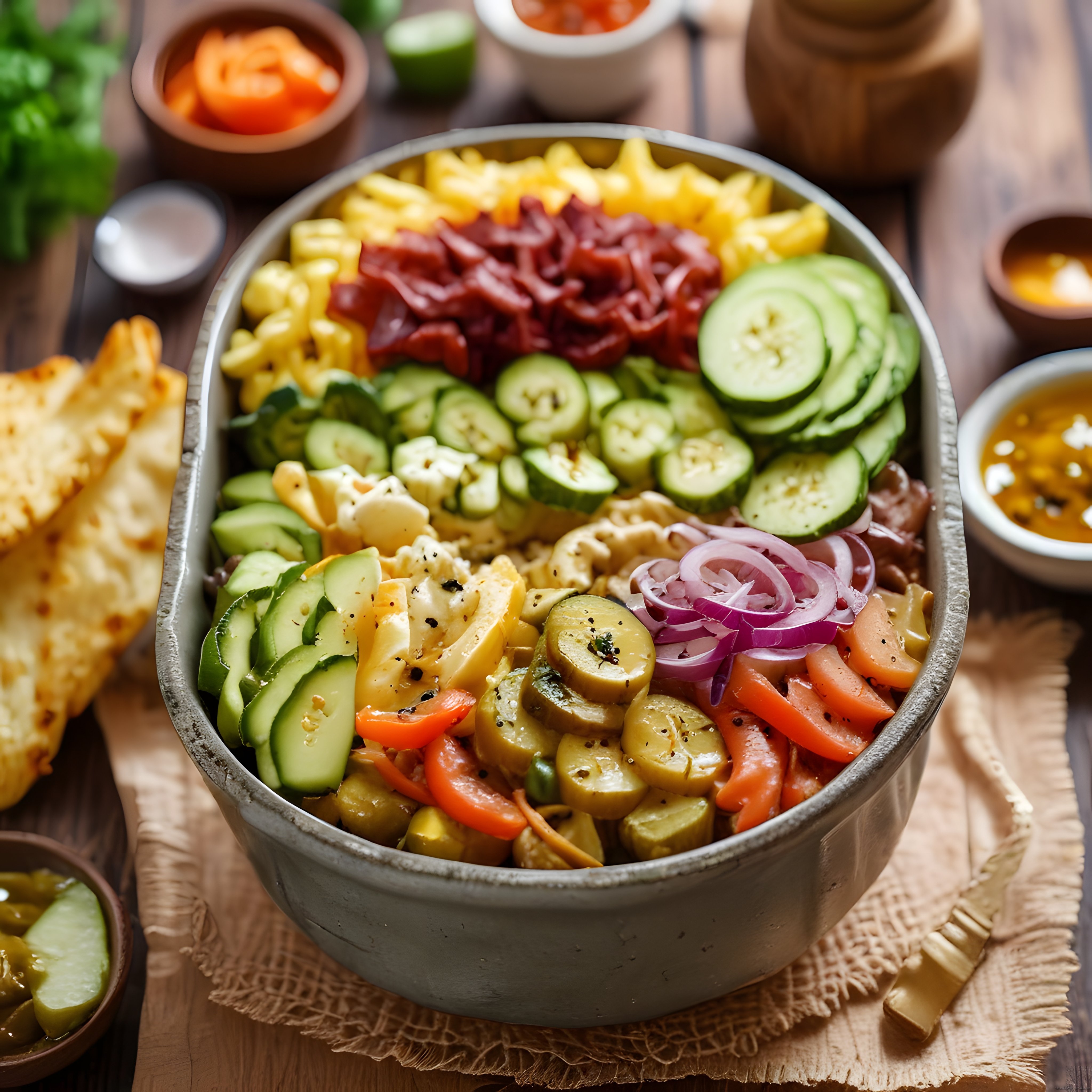 Rustik ahşap masada renkli salata kasesi ve otantik meze tabağı
