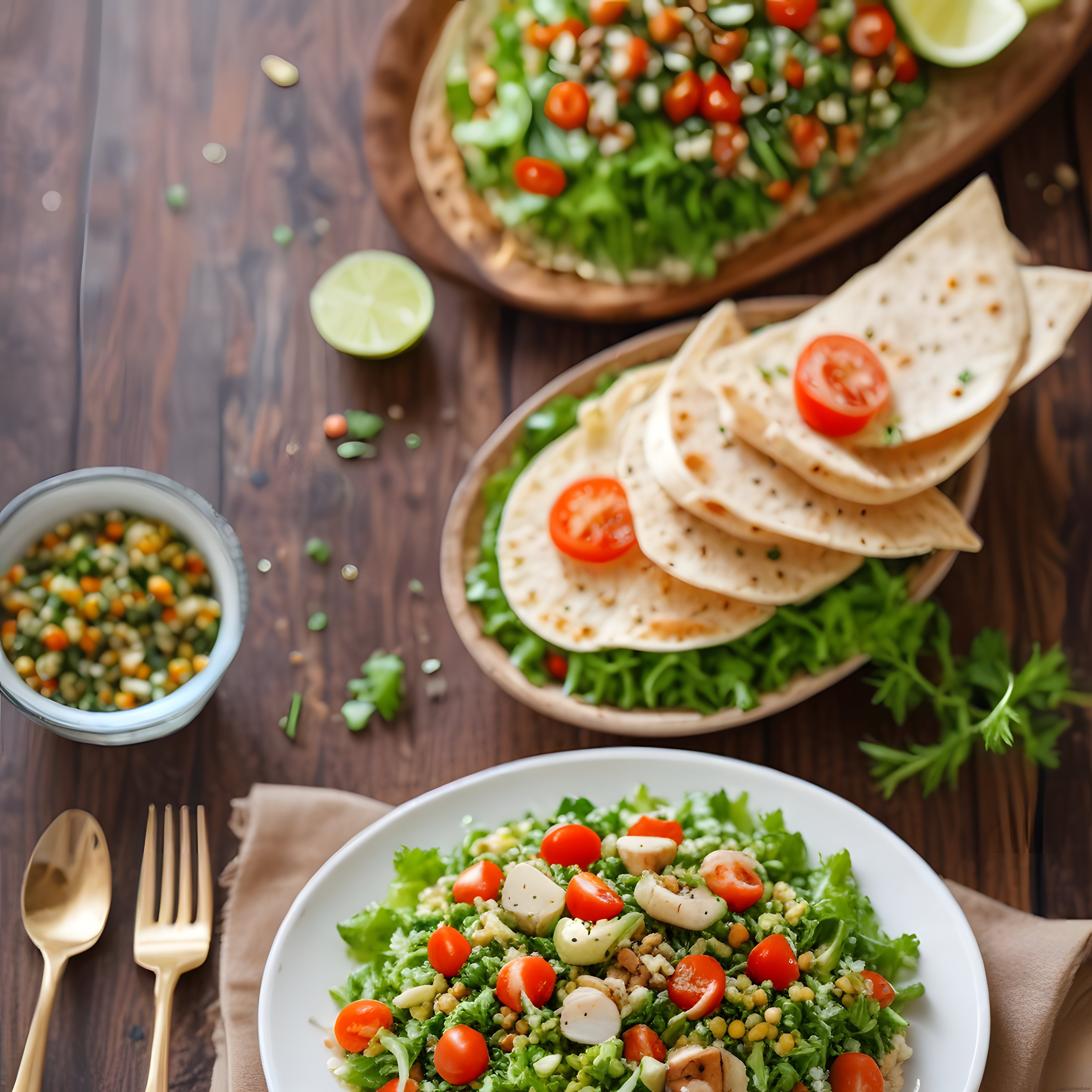 Rustik Ahşap Masada Renkli Salata ve Sebzeli Wrap ile Sağlıklı Beslenme