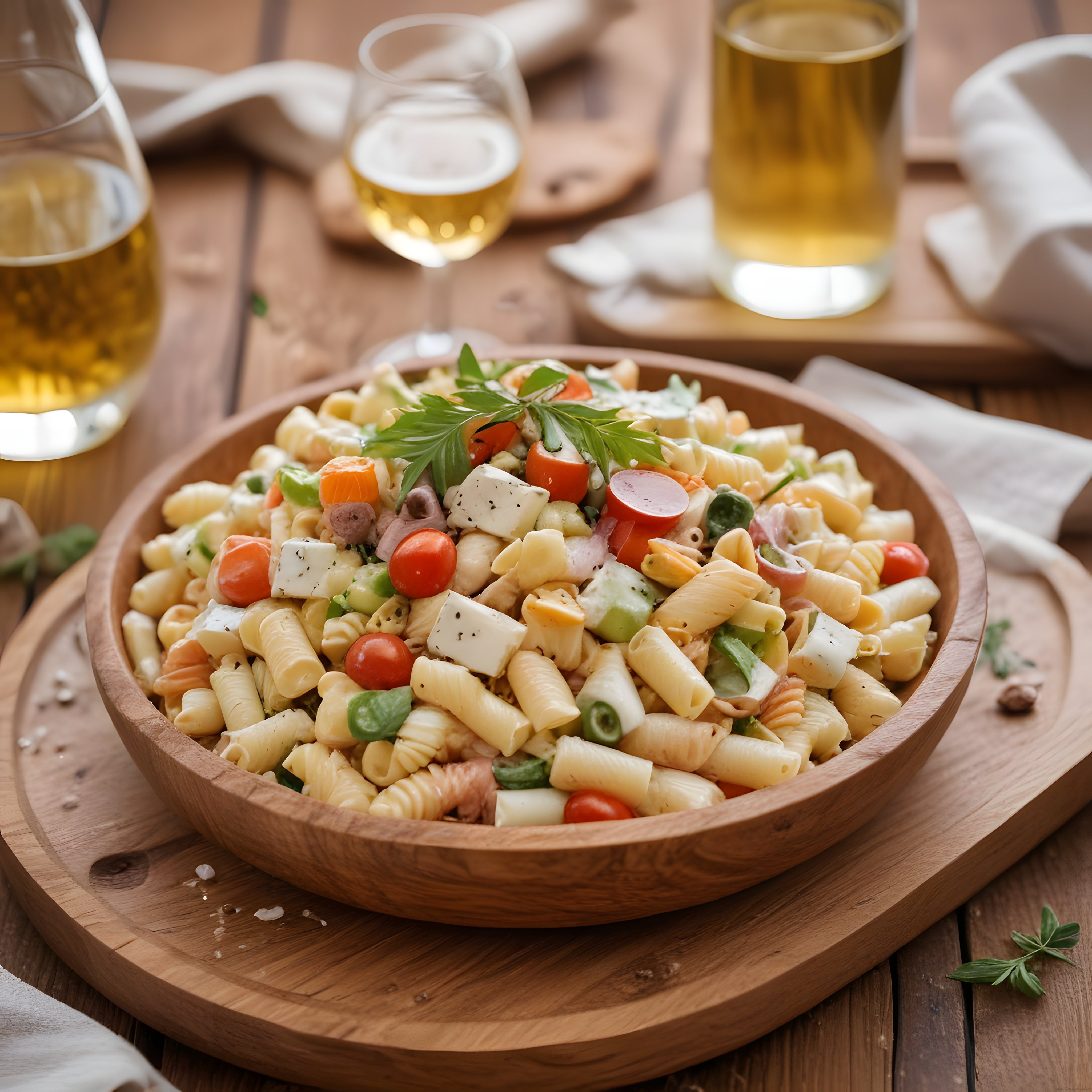 Rustik Ahşap Masada Renkli Sebzeli Makarna Salatası ve Soğuk Bira