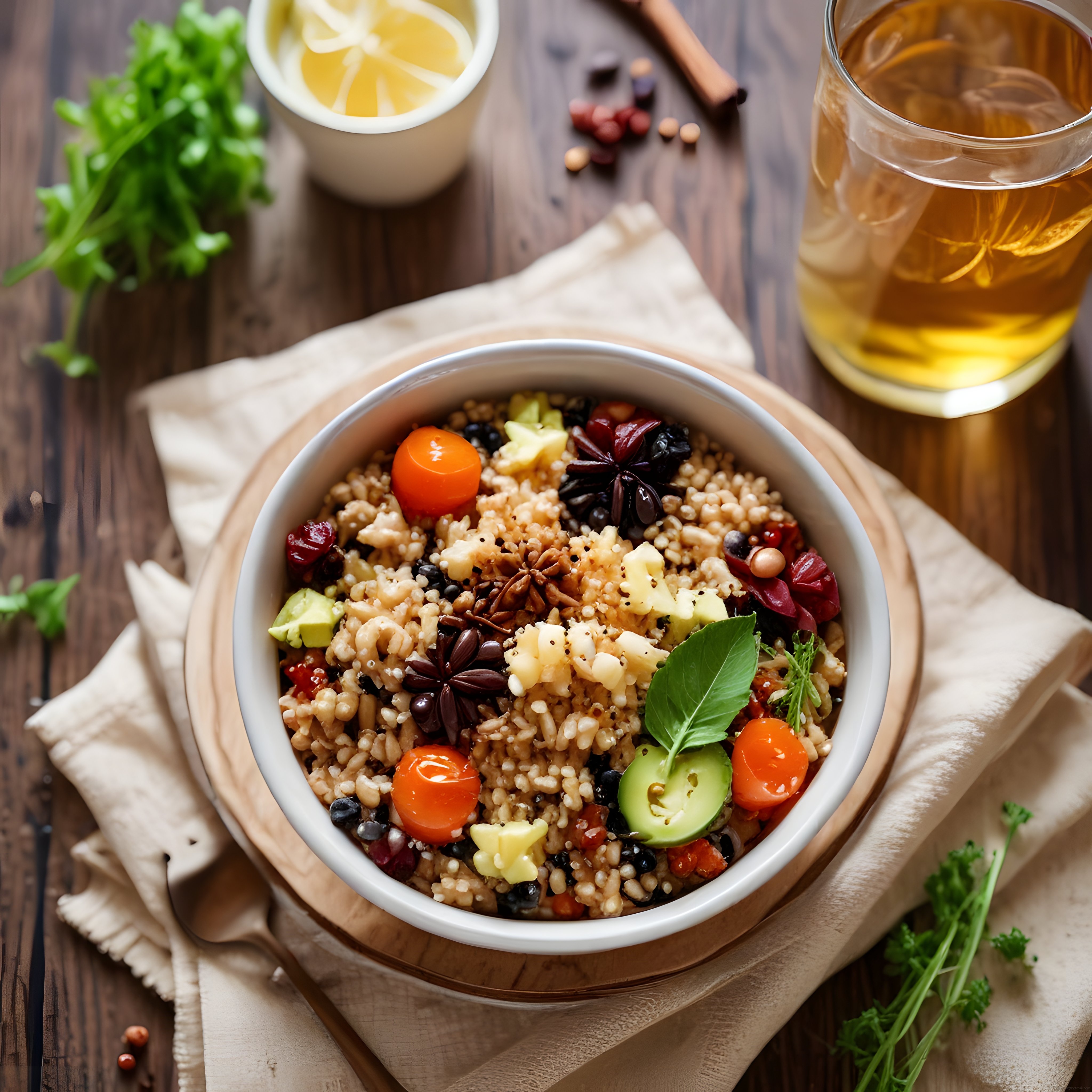 rustik ahşap masada renkli sebzeli sağlıklı tahıllı vegan bowl ve buzlu çay