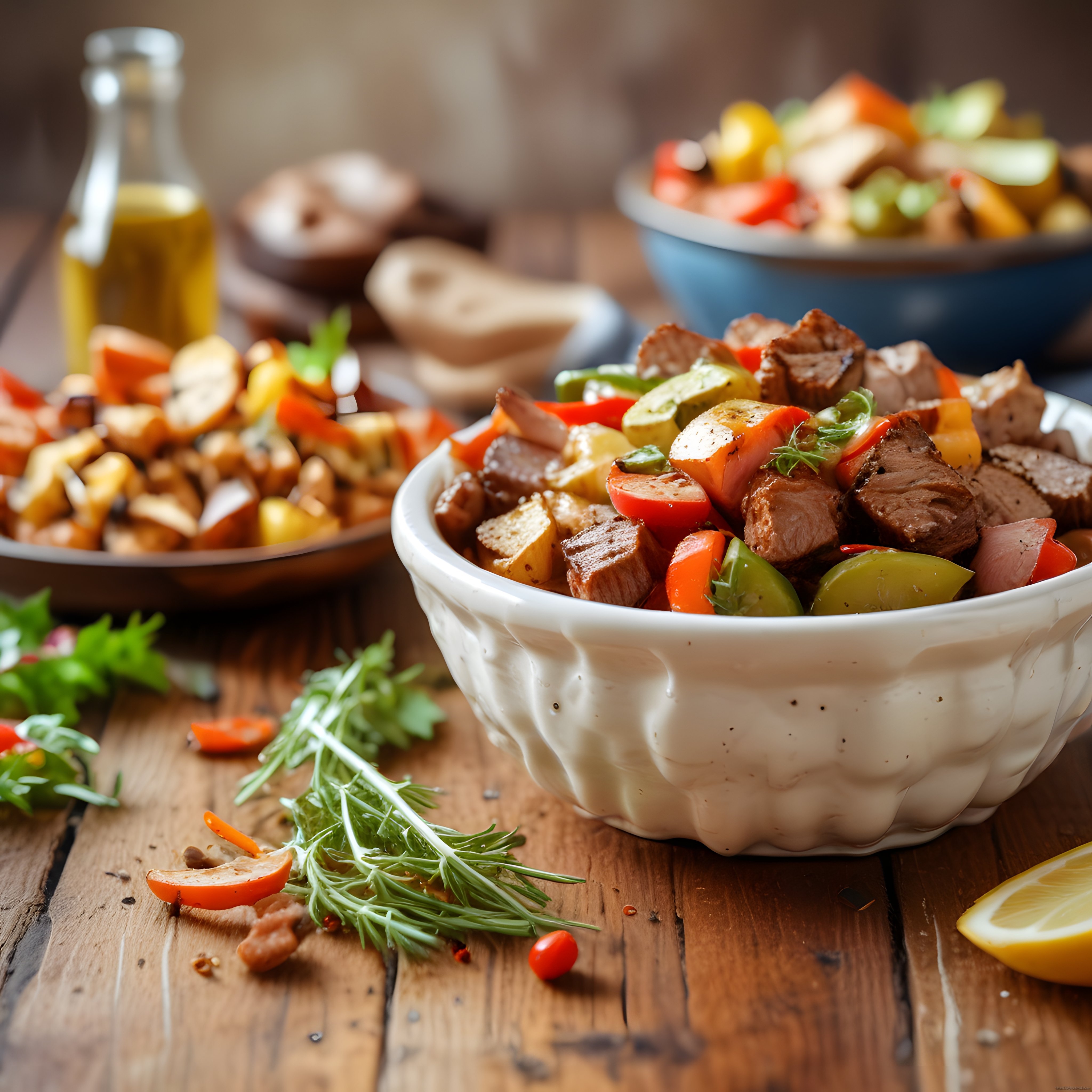 Rustik Ahşap Masada Renkli Sebzeli ve Etli Salata Kasesi Sunumu