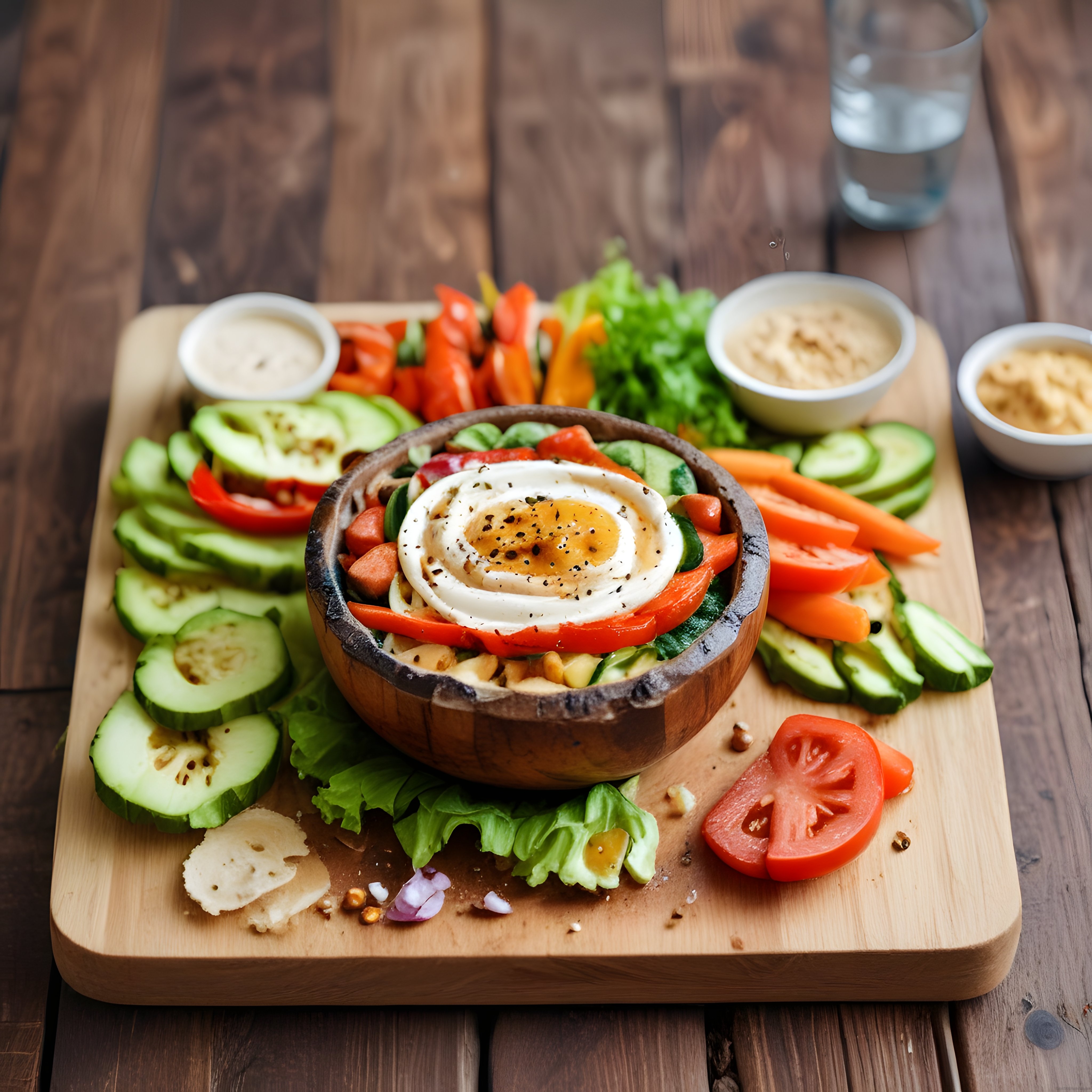 Rustik Ahşap Masada Sağlıklı Yumurtalı Sebze Kasesi ve Ev Yapımı Dip Soslar