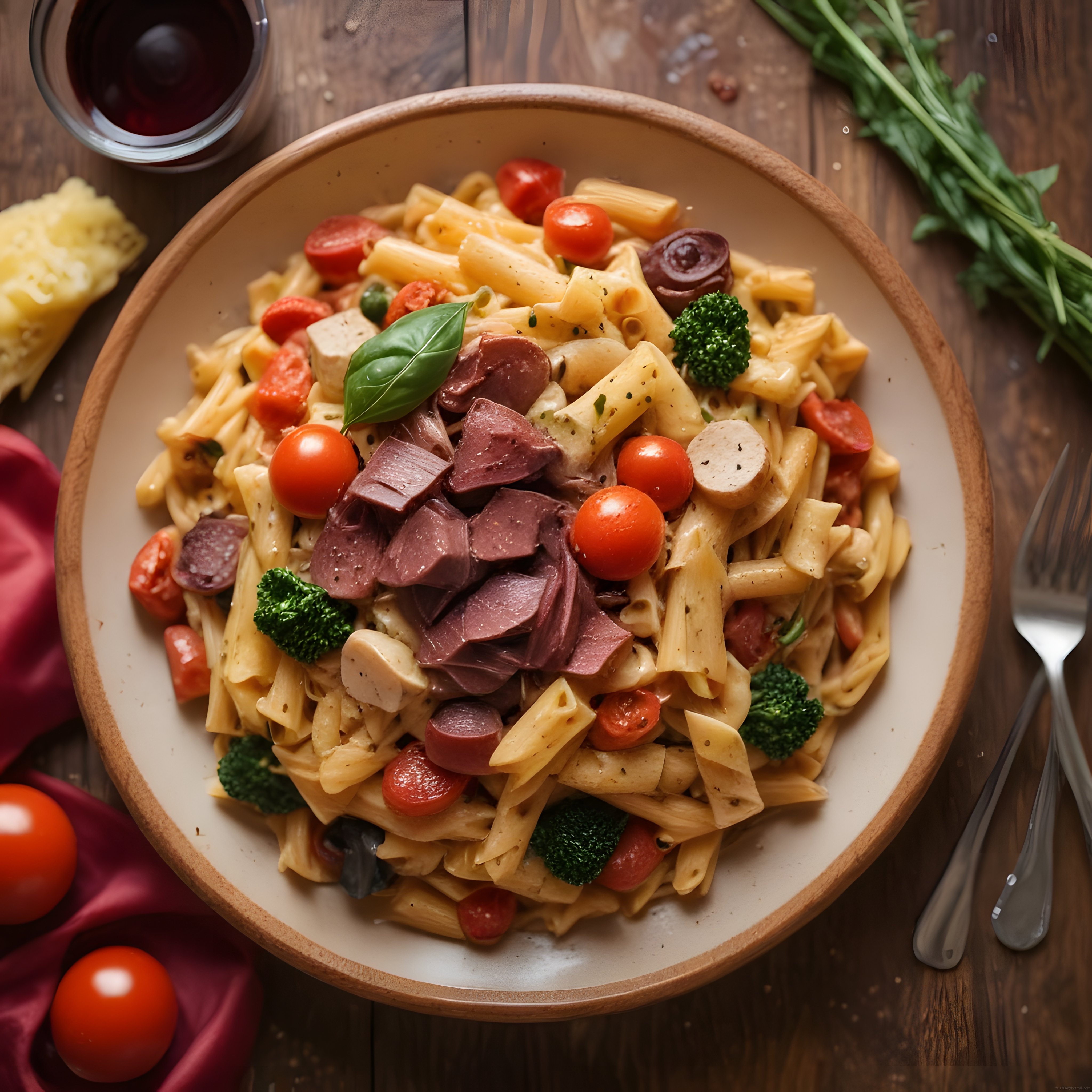 Rustik Ahşap Masada Şarap Eşliğinde Soslu Penne Makarna Tabağı