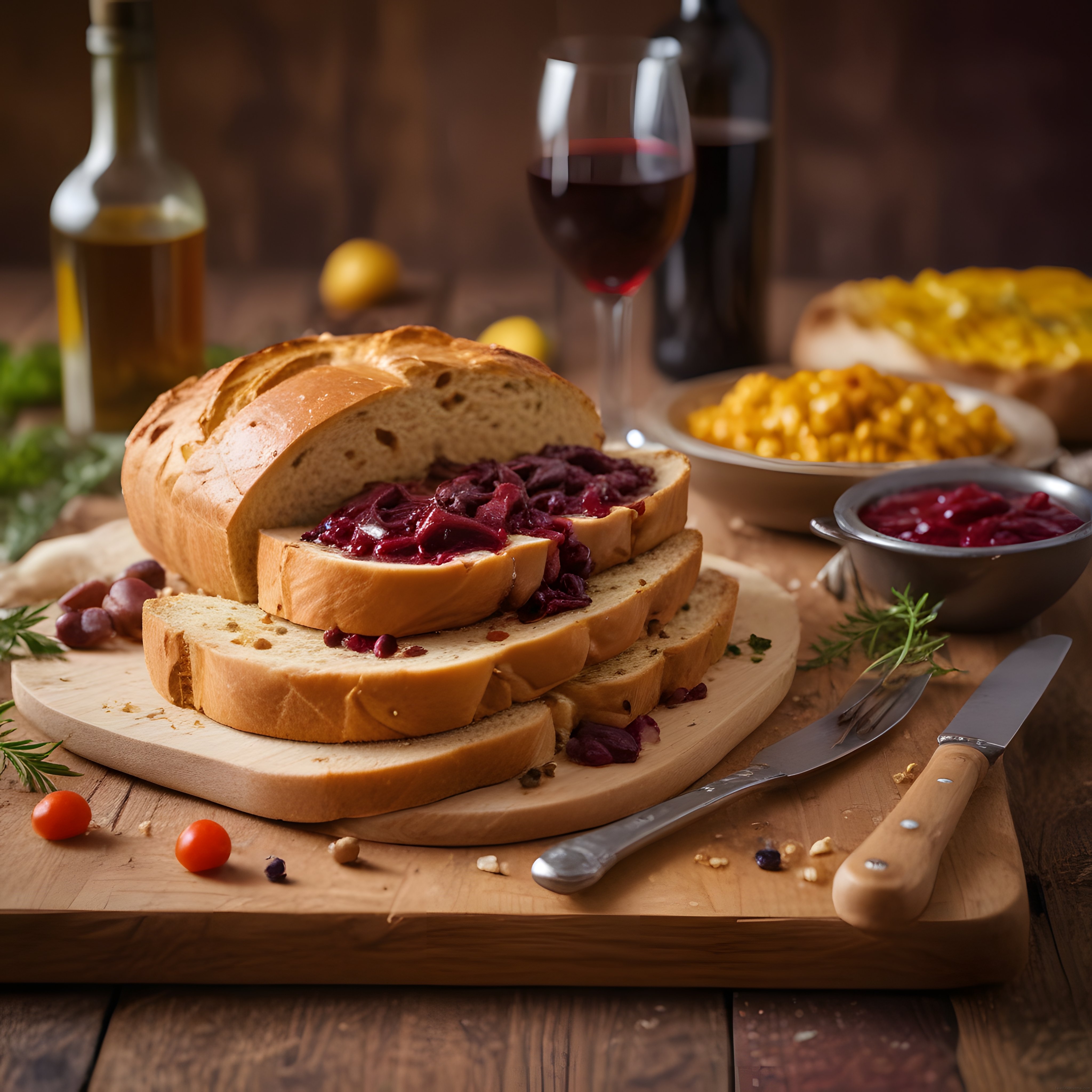 Rustik Ahşap Masada Şarap ve Reçel Eşliğinde Ekmek Tadım Sunumu