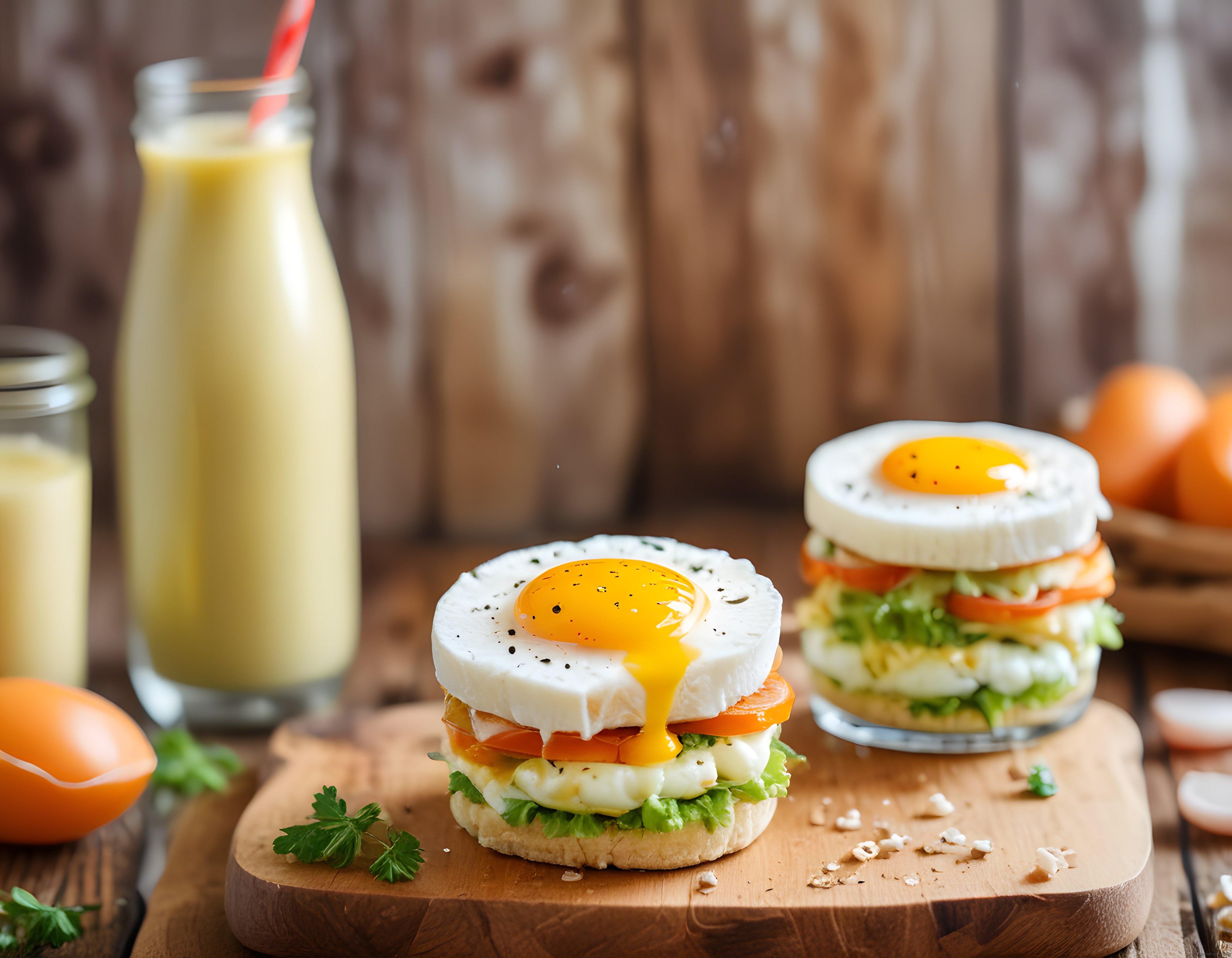 Rustik Ahşap Masada Sarısı Akan Yumurtalı Kahvaltılık Burger