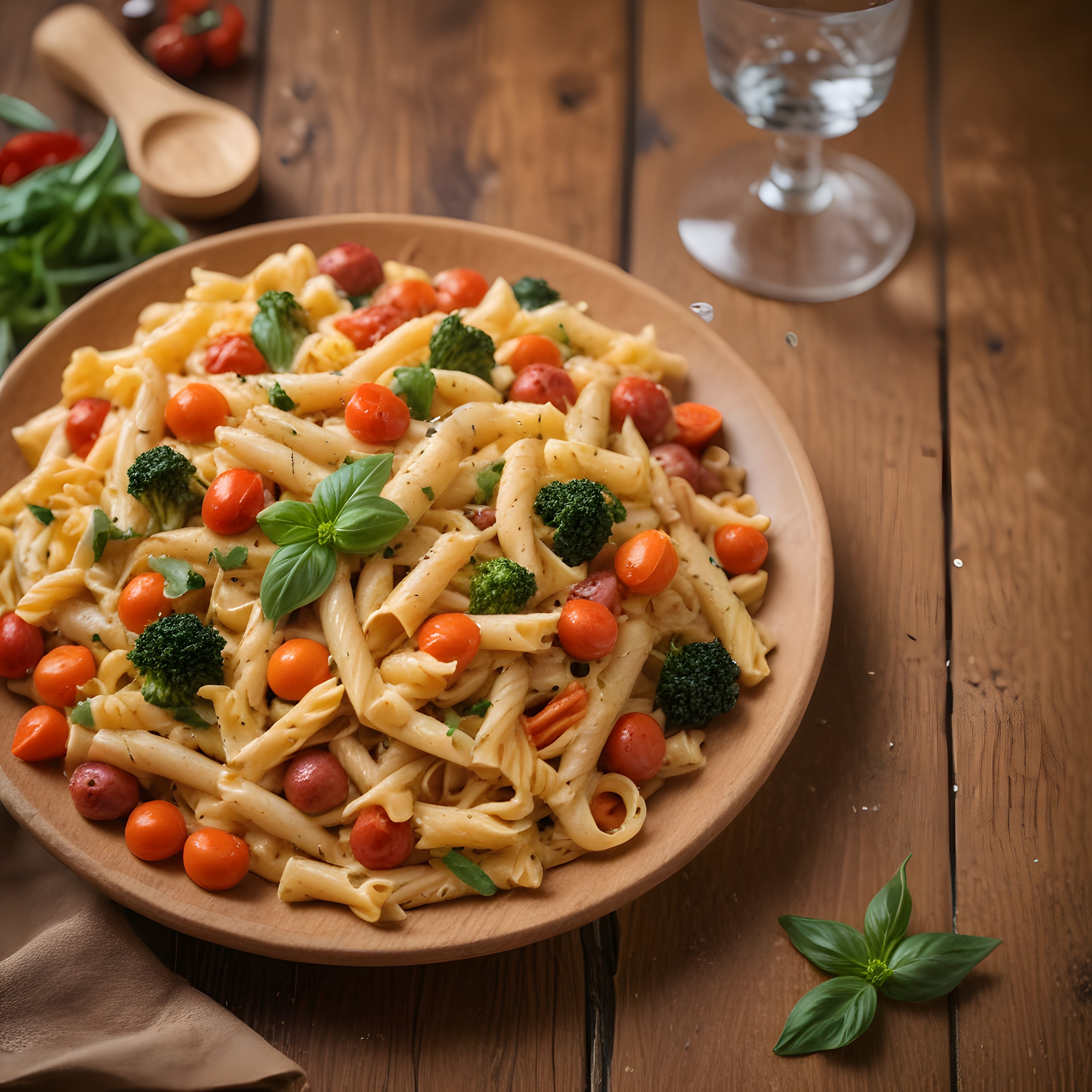 Rustik Ahşap Masada Sebzeli Kremalı Penne Makarna ve Taze Fesleğen Süsleme