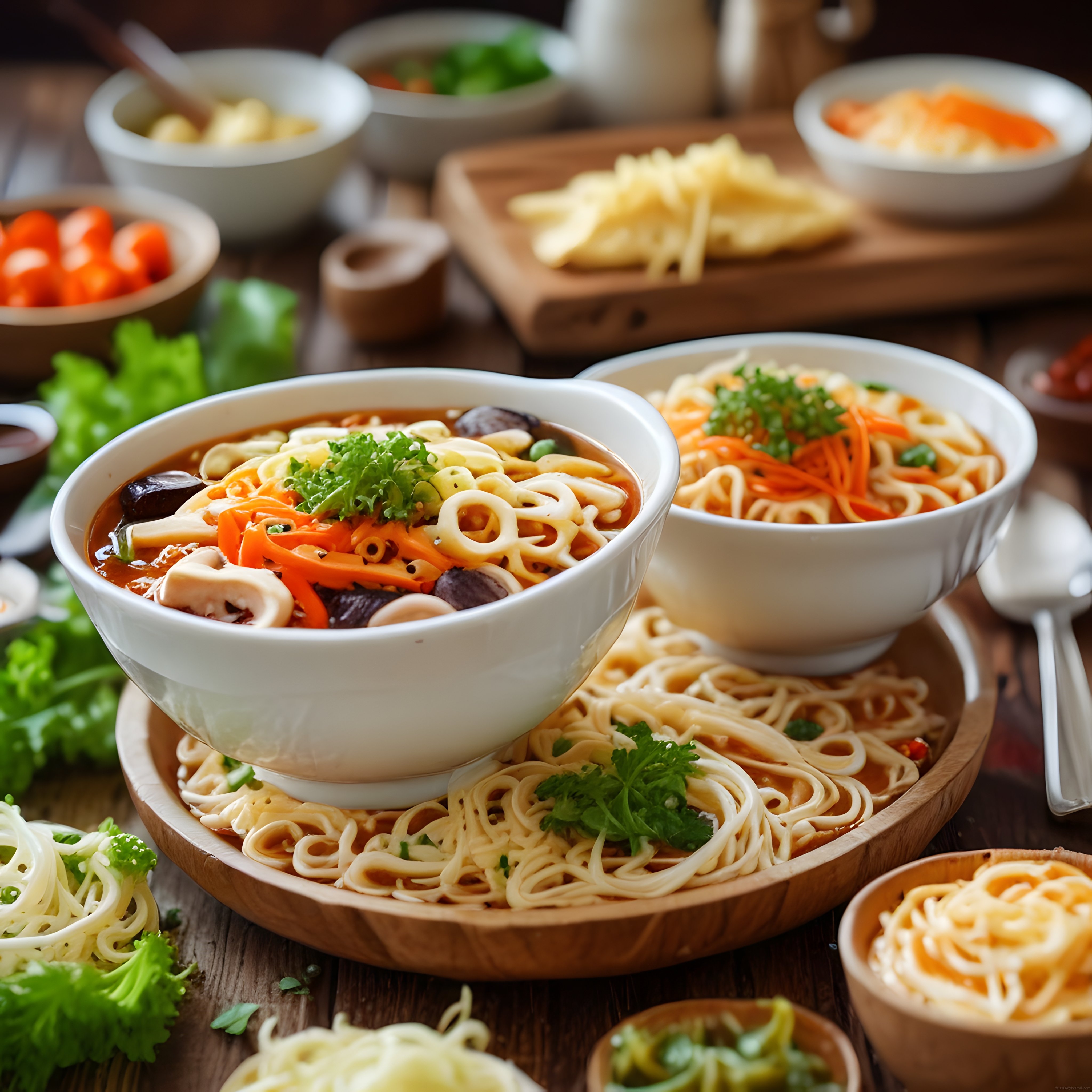 Rustik Ahşap Masada Sebzeli Sıcak Ramen ve Noodle Çorbası Sunumu