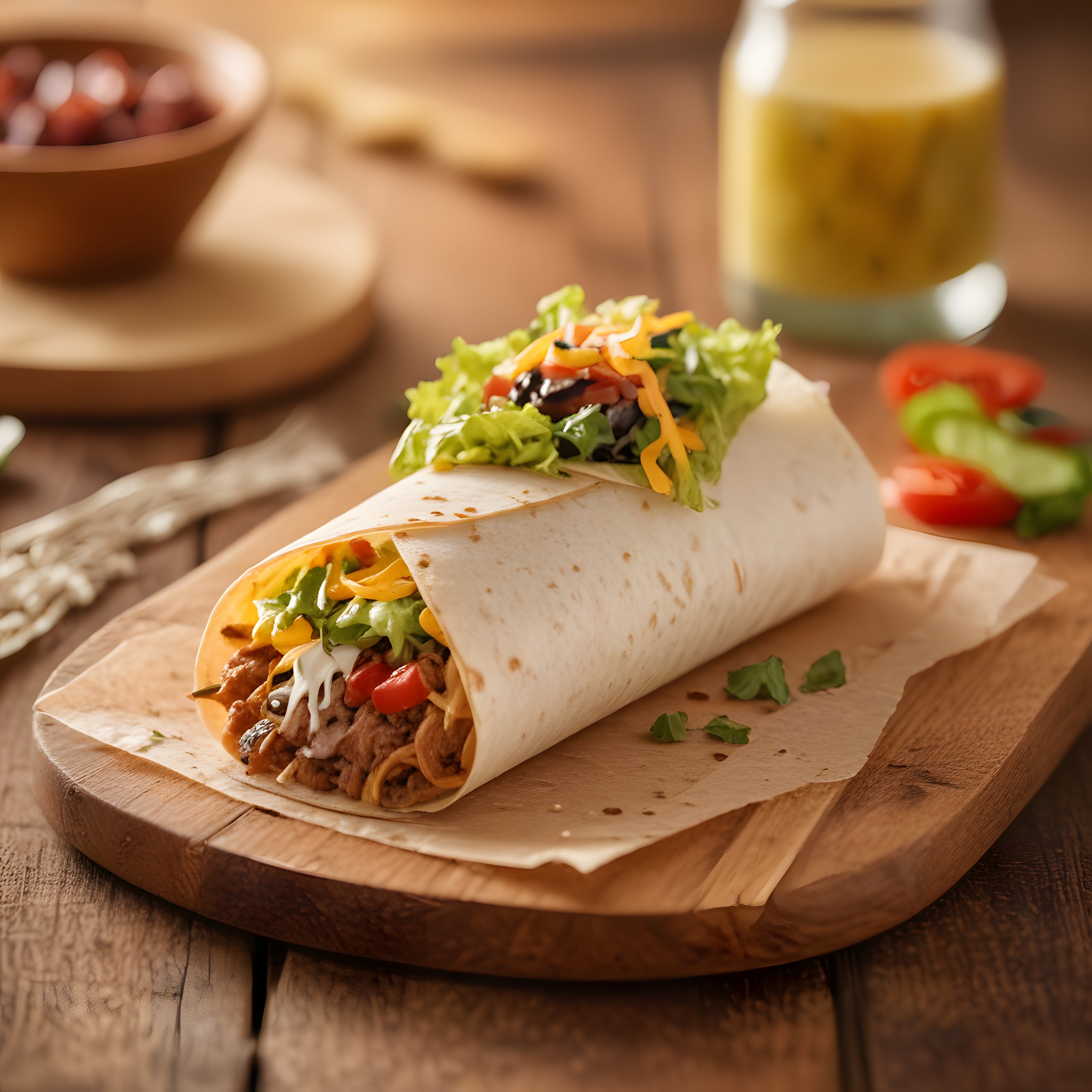 Rustik Ahşap Masada Sebzeli Tavuk Wrap ve Cheddar Peyniri Sunumu
