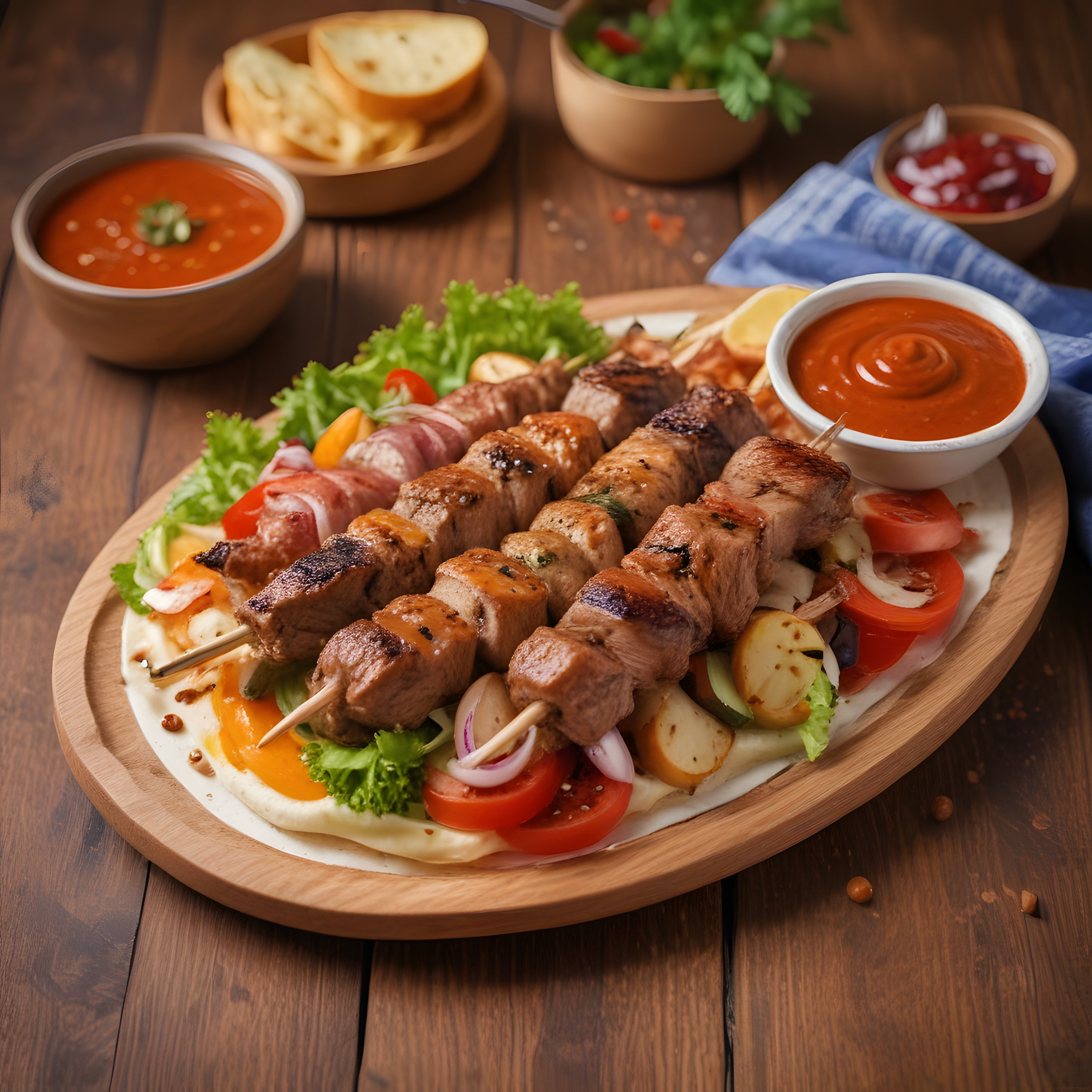Rustik Ahşap Masada Sebzeli ve Soslu Lezzetli Izgara Şiş Kebap