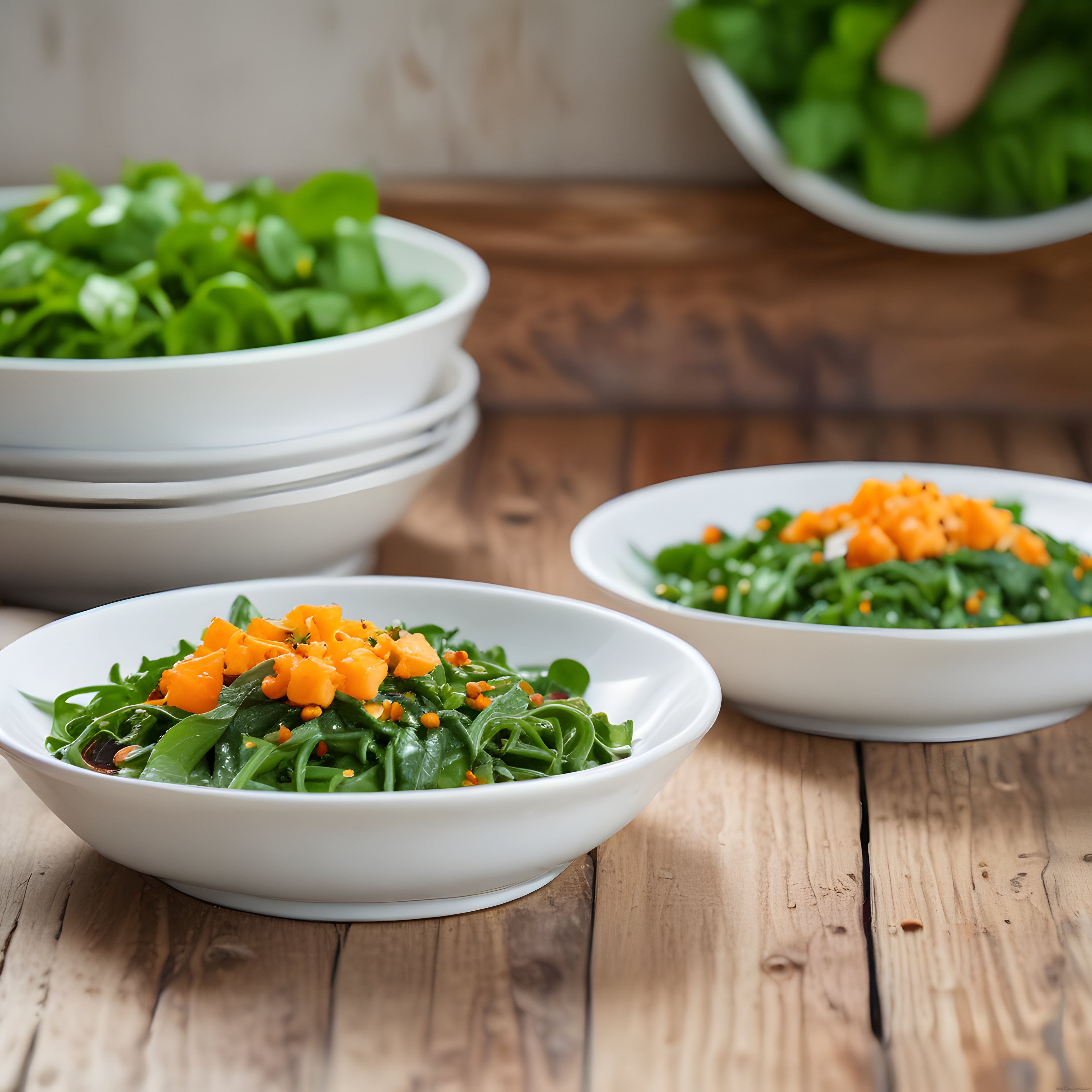 Rustik Ahşap Masada Sebzeli Yeşil Erişte ve Taze Salata Kasesi