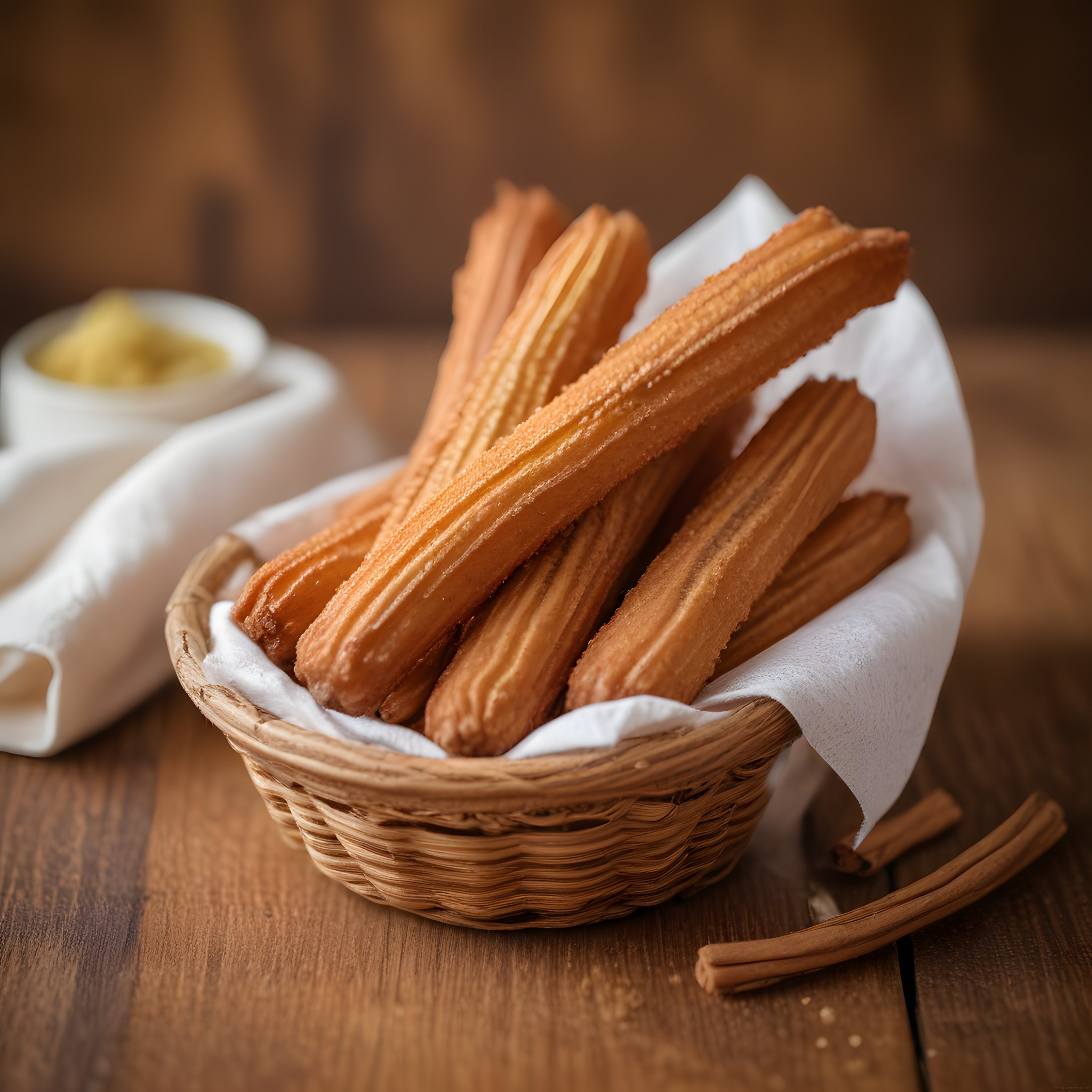 Rustik ahşap masada sepet içinde taze churro ve tarçın çubukları