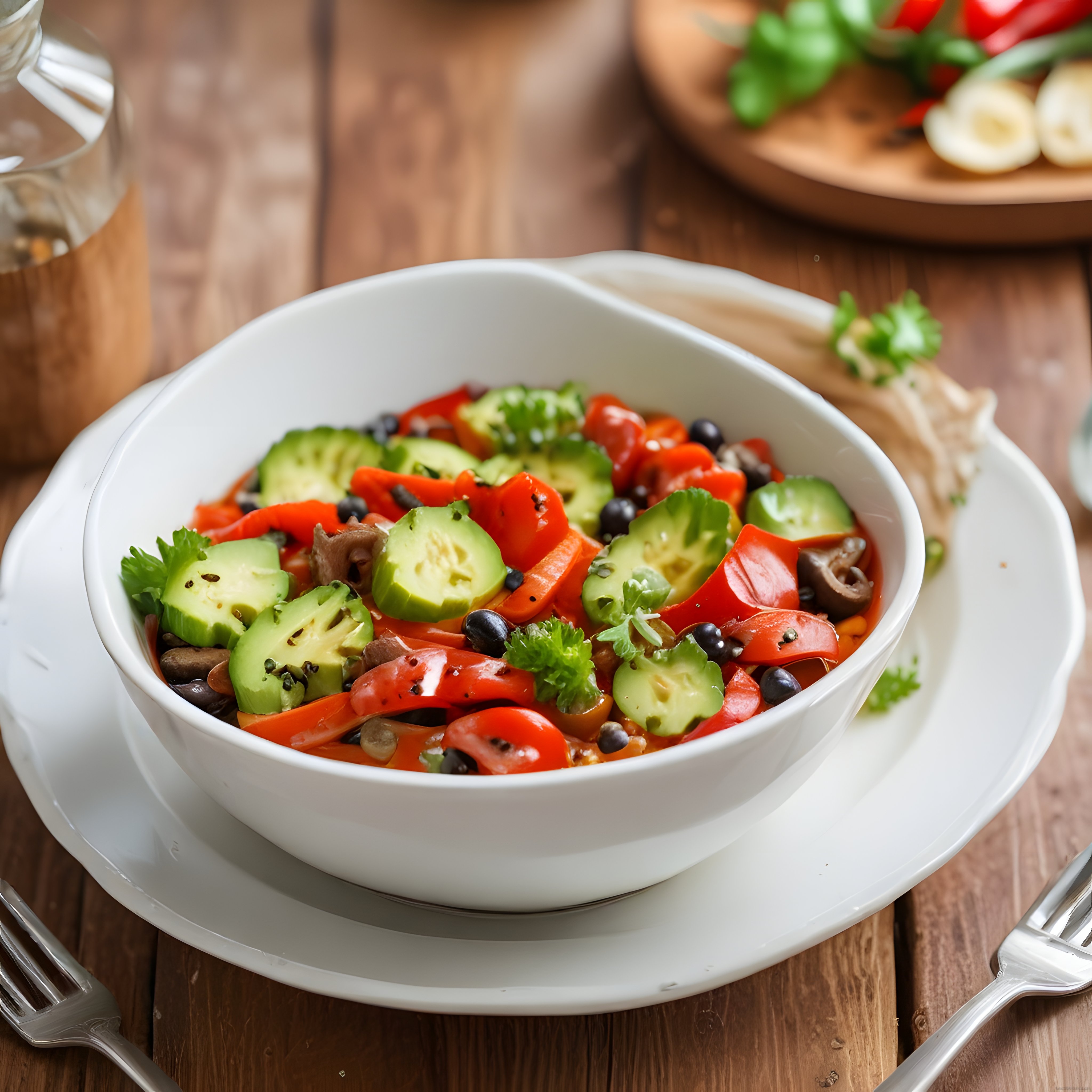 Rustik Ahşap Masada Servis Edilmiş Taze Sebze Salatası ve Soslu Zeytin