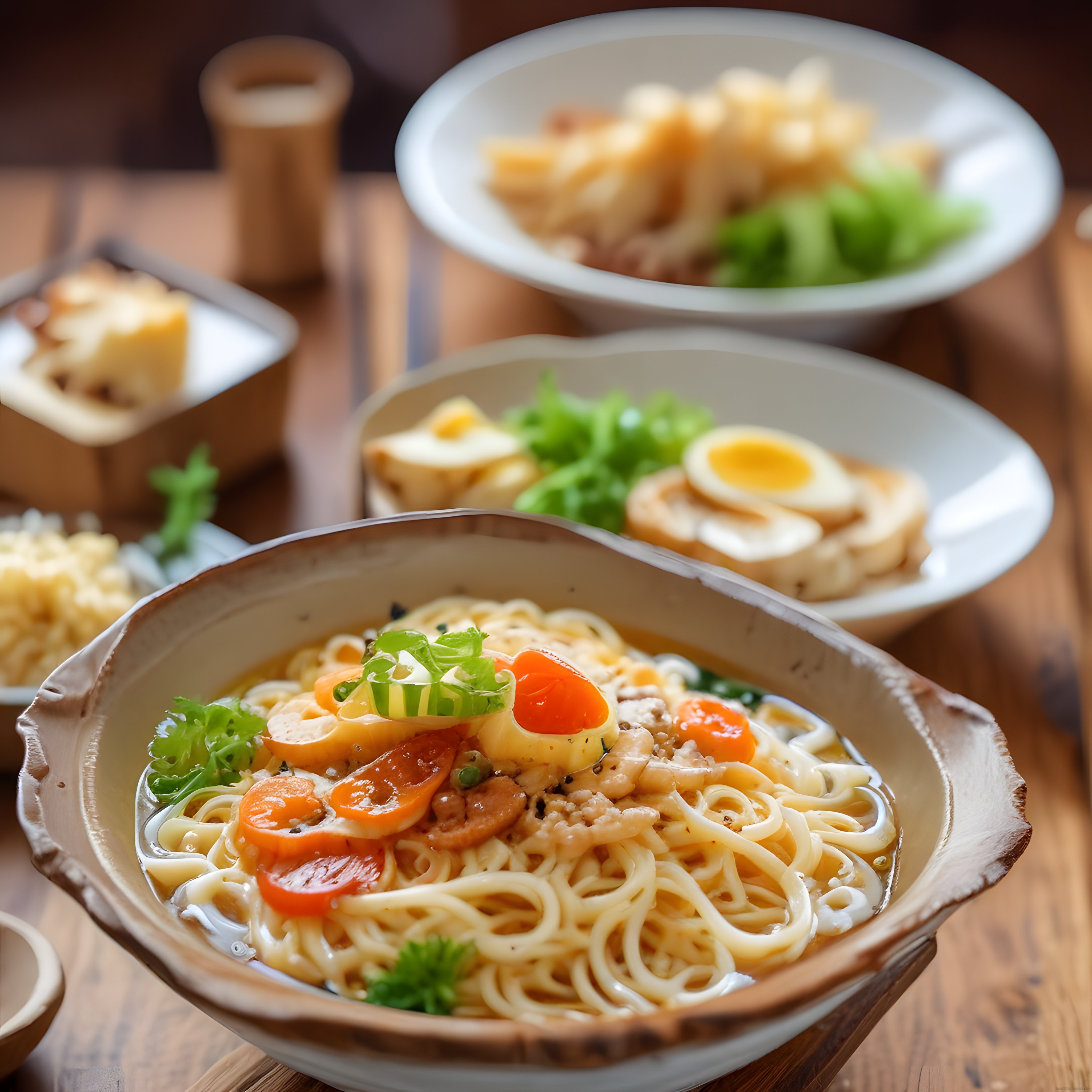 Rustik Ahşap Masada Sıcacık Noodle Sunumu ve Yan Lezzetler