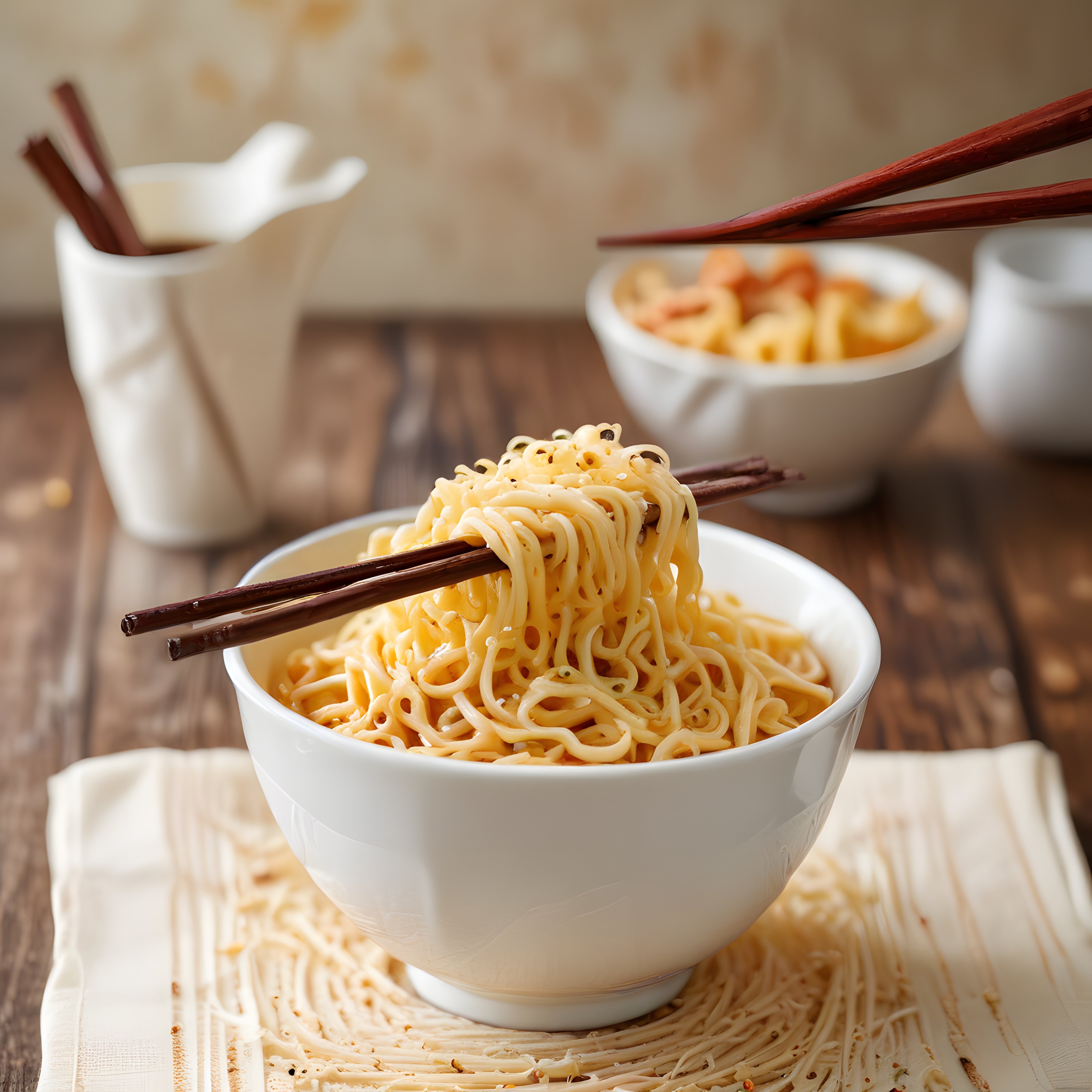Rustik Ahşap Masada Sıcak Asya Noodle Kasesi ve Yemek Çubukları Sunumu