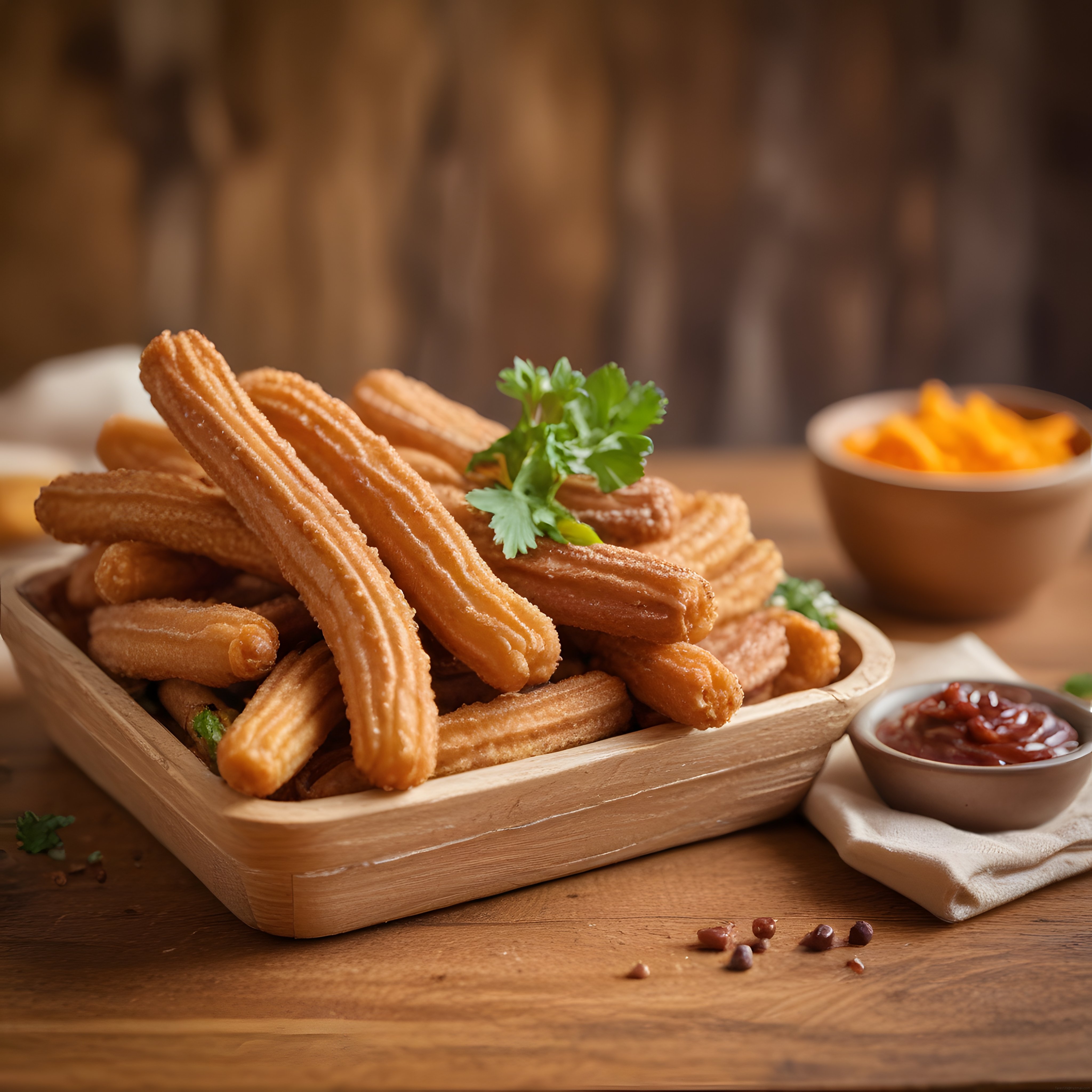 rustik ahşap masada sıcak churros kızartması özel soslar ve meyve dilimleriyle