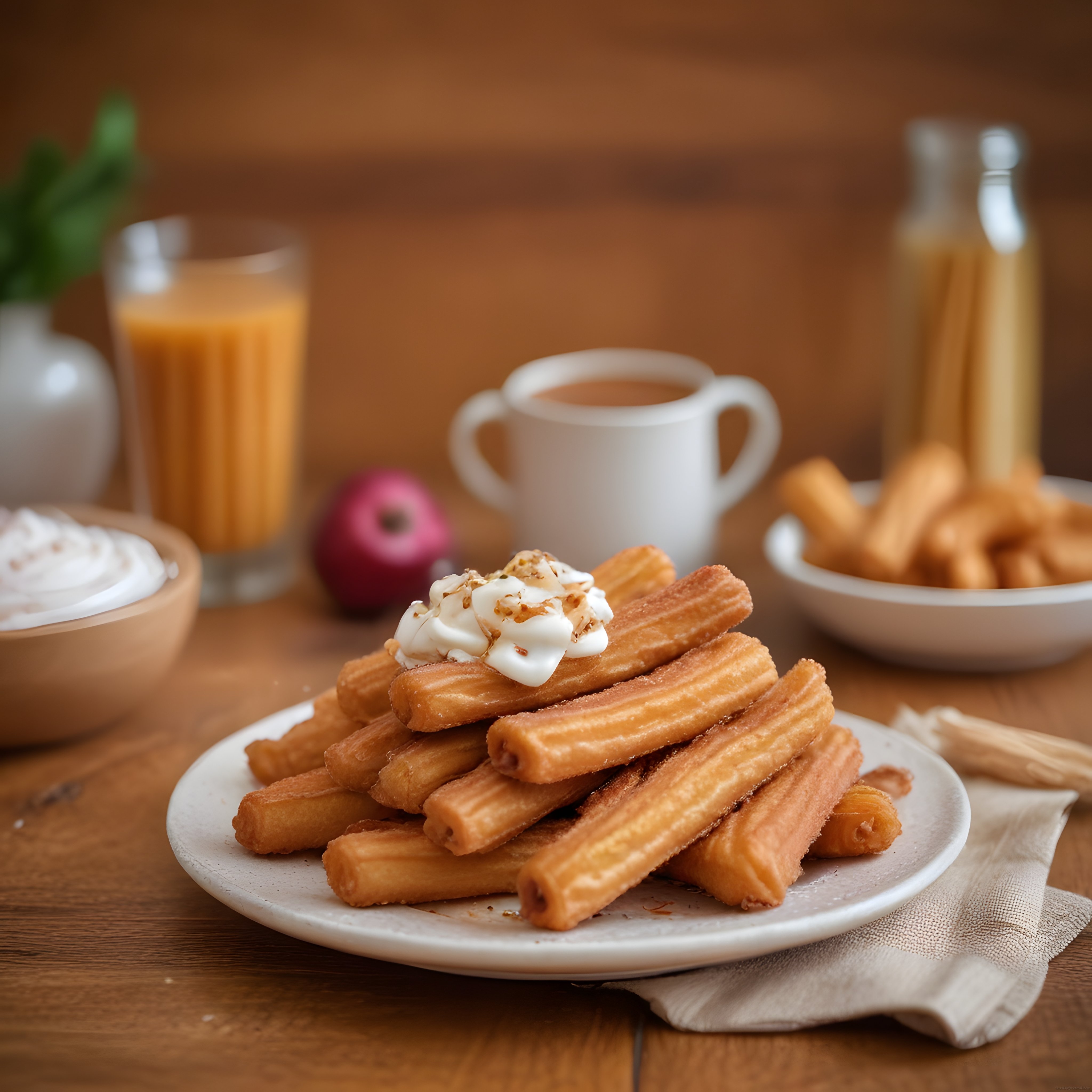Rustik Ahşap Masada Sıcak Çikolata ve Krema Eşliğinde Çıtır Churros