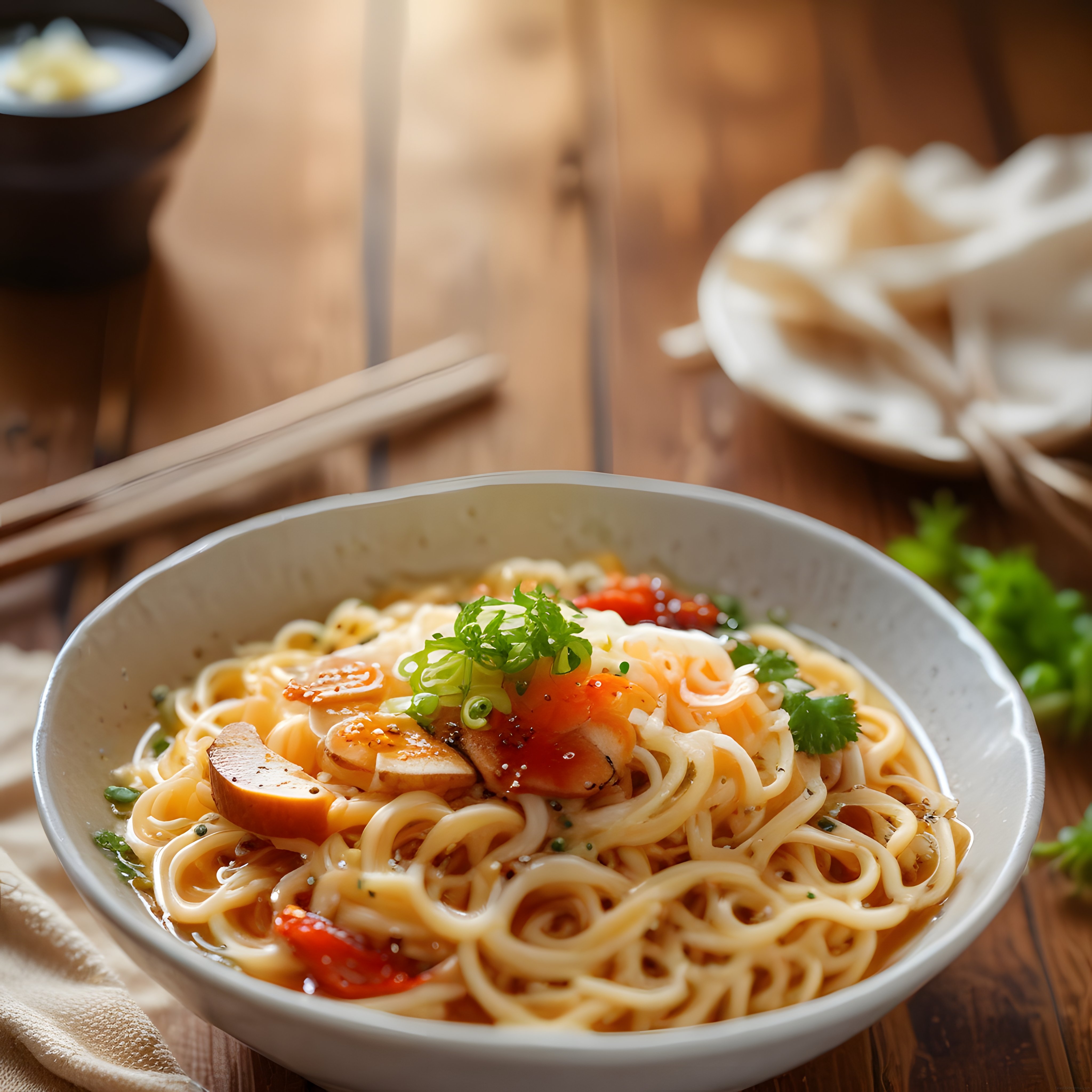 Rustik Ahşap Masada Sıcak Noodle Çorbası: Lezzetli ve Besleyici Ramen Kasesi
