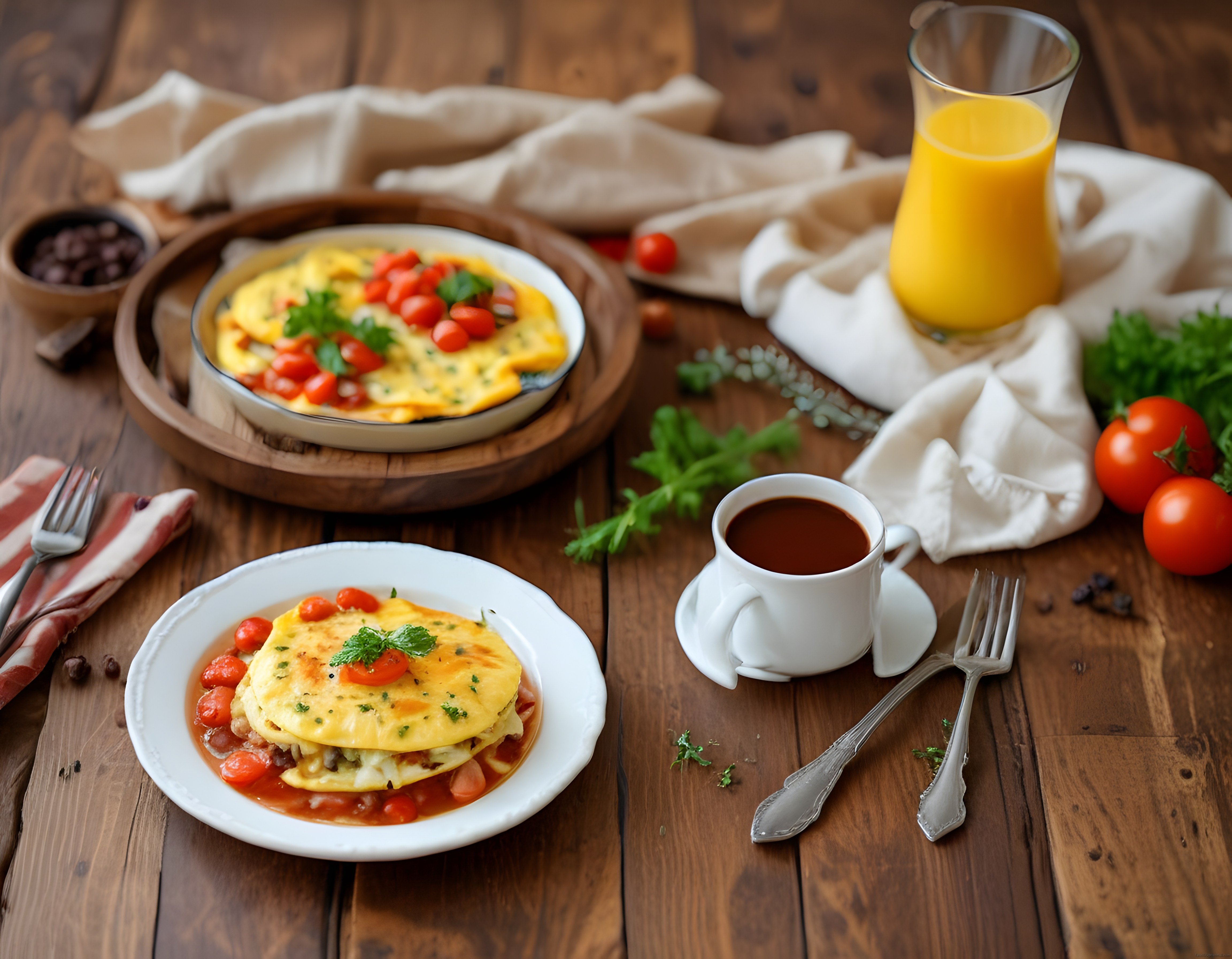 Rustik Ahşap Masada Sıcak Omlet ve Taze Portakal Suyu ile Kahvaltı Keyfi