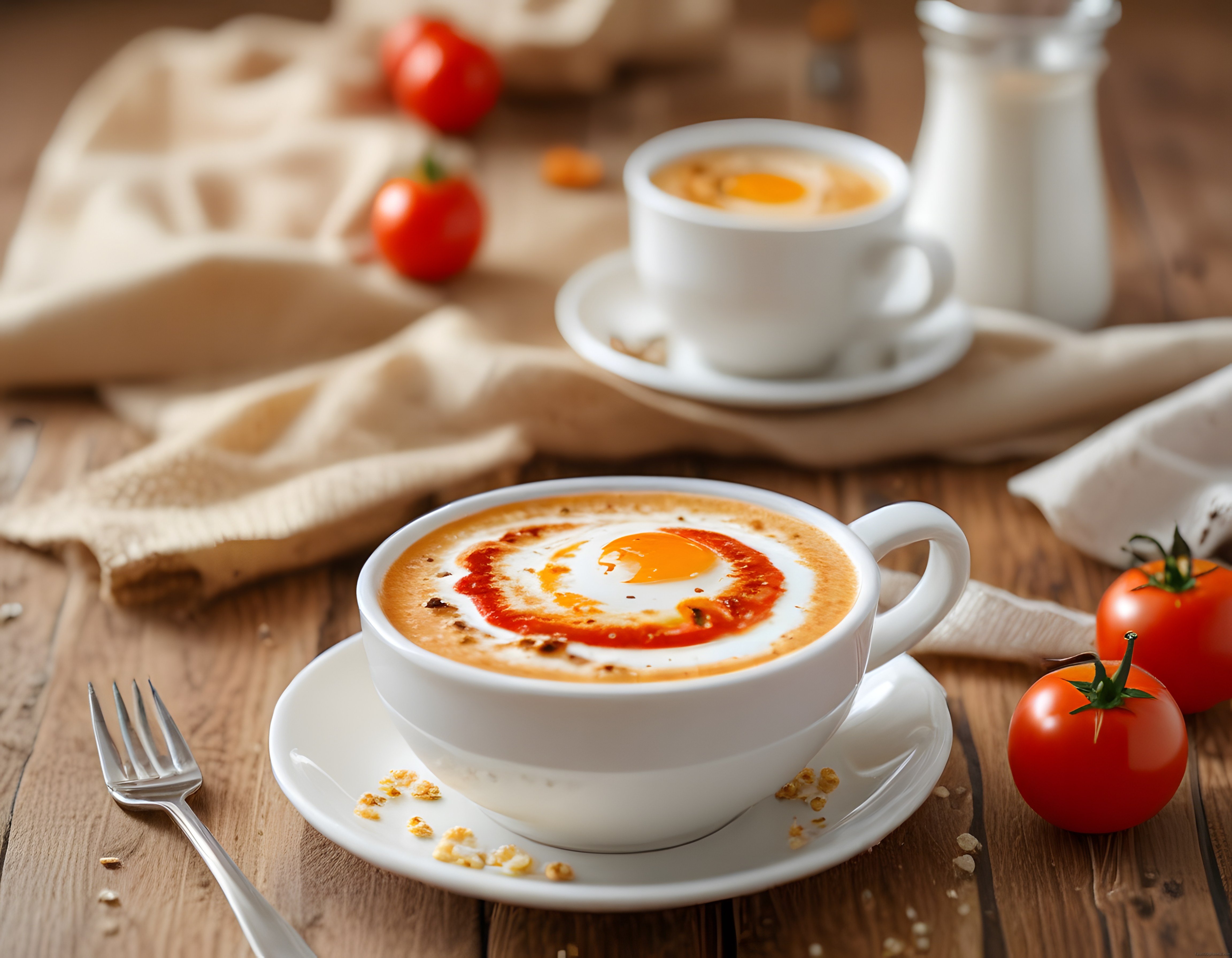 Rustik Ahşap Masada Sıcak Yumurtalı Domatesli Kahvaltı ve Zeytinyağı