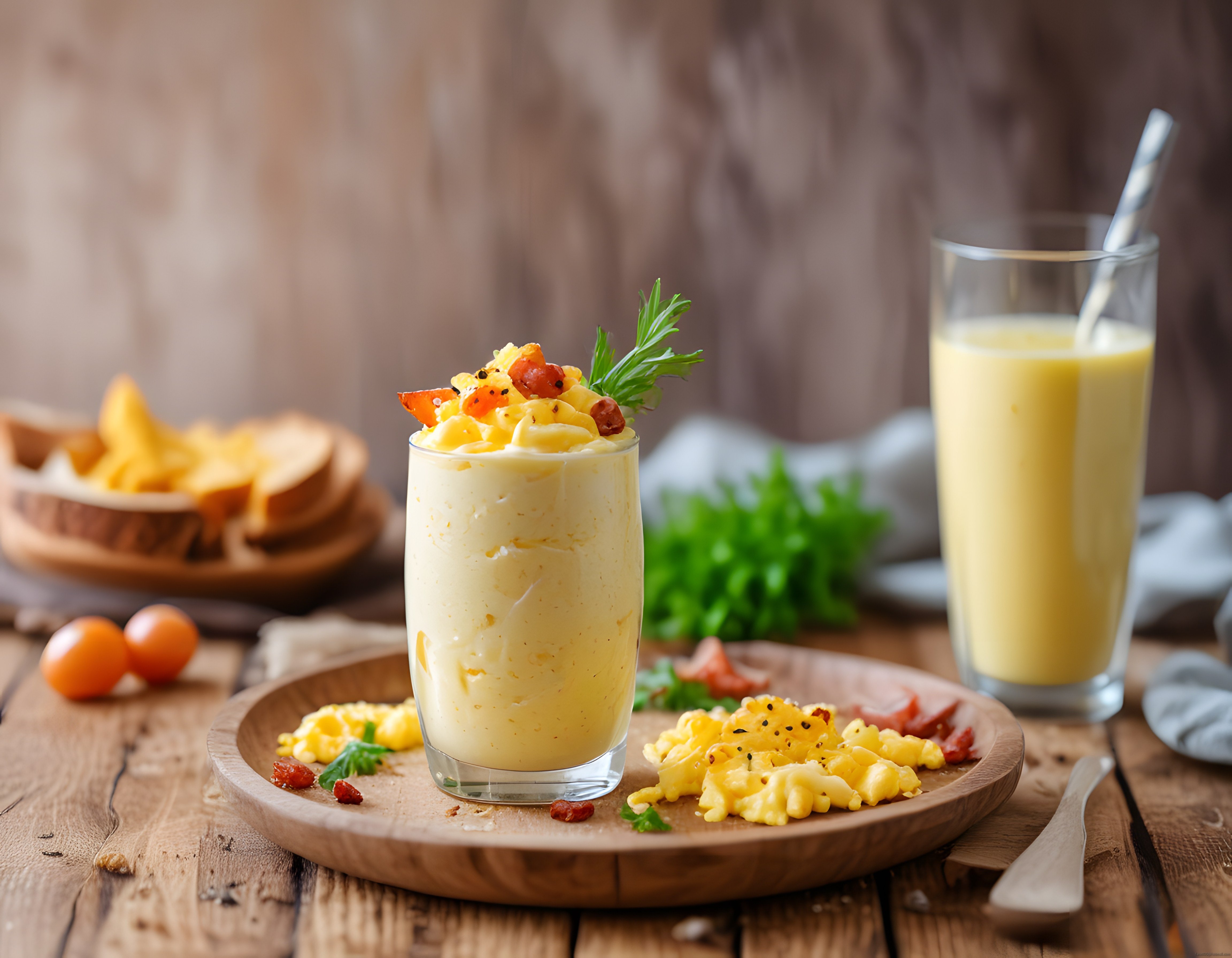 Rustik Ahşap Masada Şık Kahvaltı: Bardakta Yumurta ve Sarı Smoothie