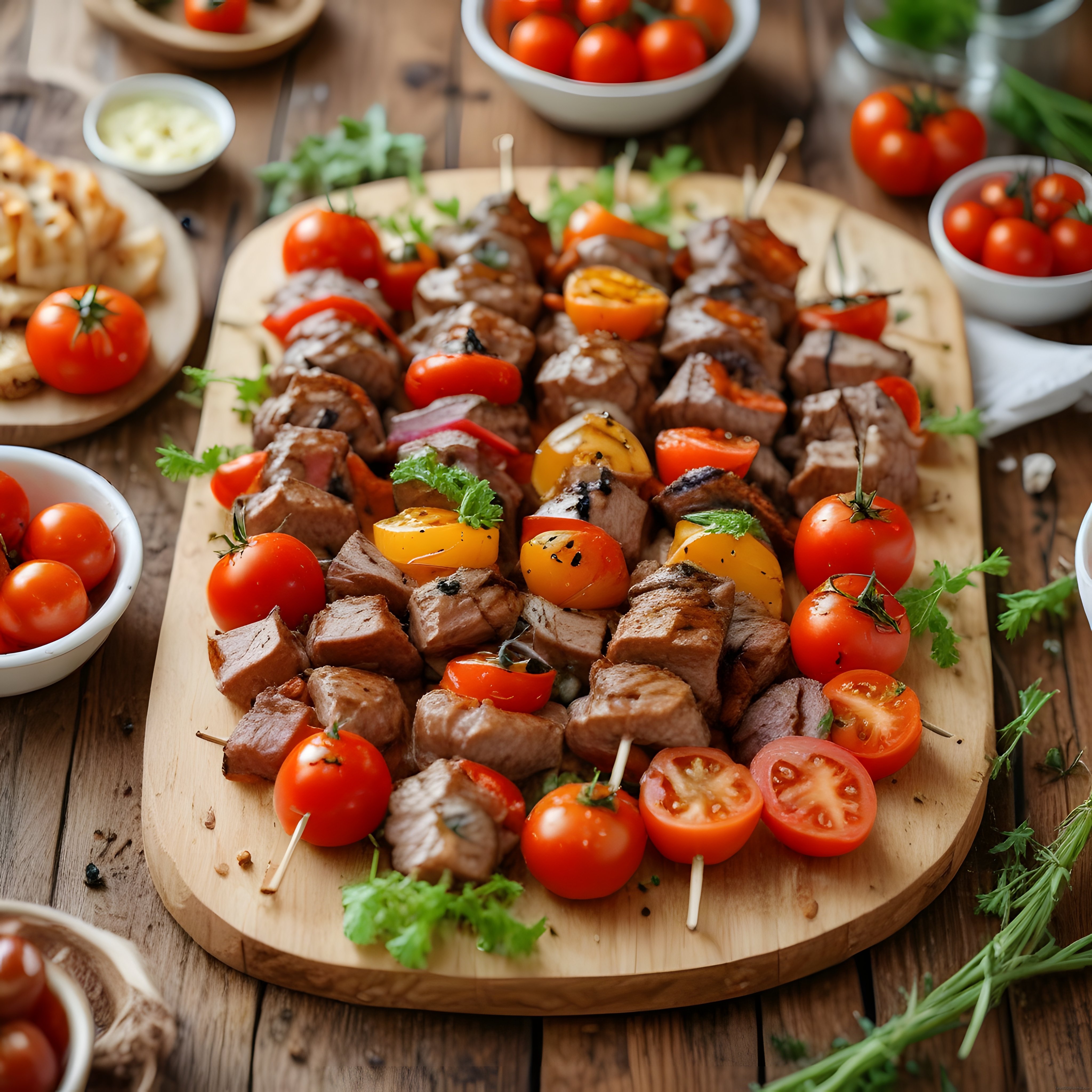 Rustik Ahşap Masada Şiş Kebap ve Izgara Sebzelerle İştah Açıcı Akşam Yemeği