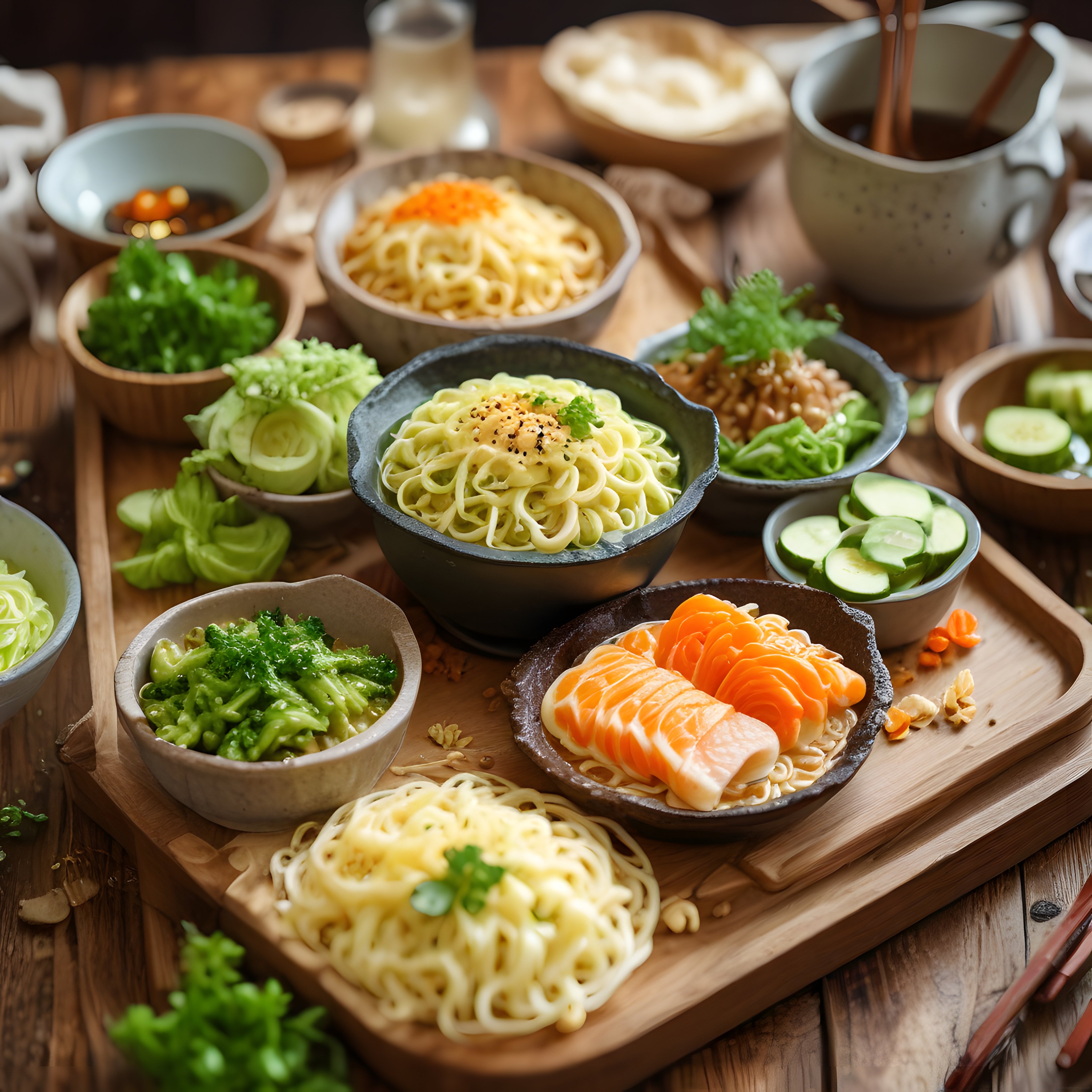 Rustik ahşap masada somon sashimi ve sebzelerle Asya noodle lezzetleri