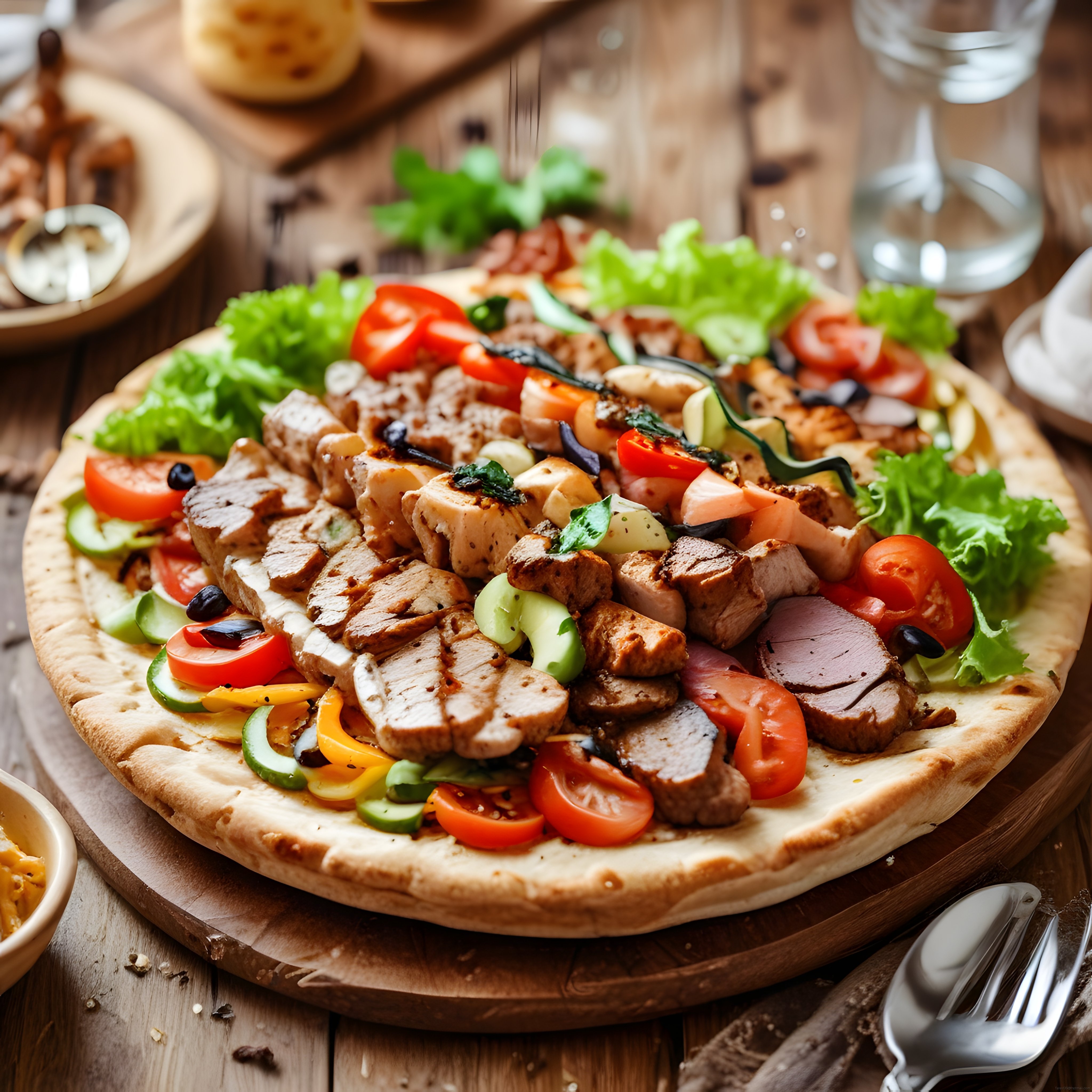 Rustik Ahşap Masada Sos Dökülen Izgara Etli Sebzeli Pizza Tarifi