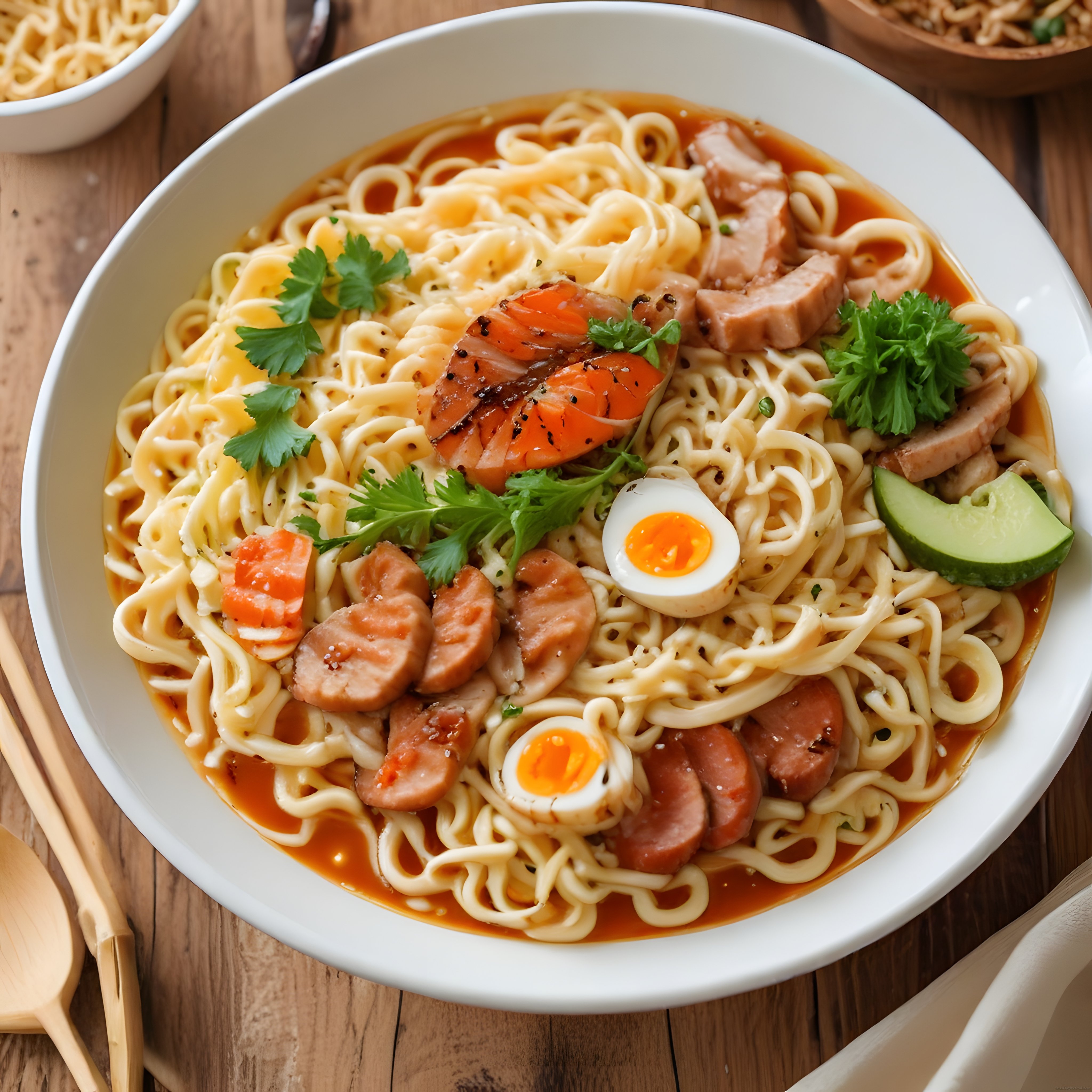 Rustik Ahşap Masada Sosisli ve Haşlanmış Yumurtalı Baharatlı Sıcak Ramen Kasesi