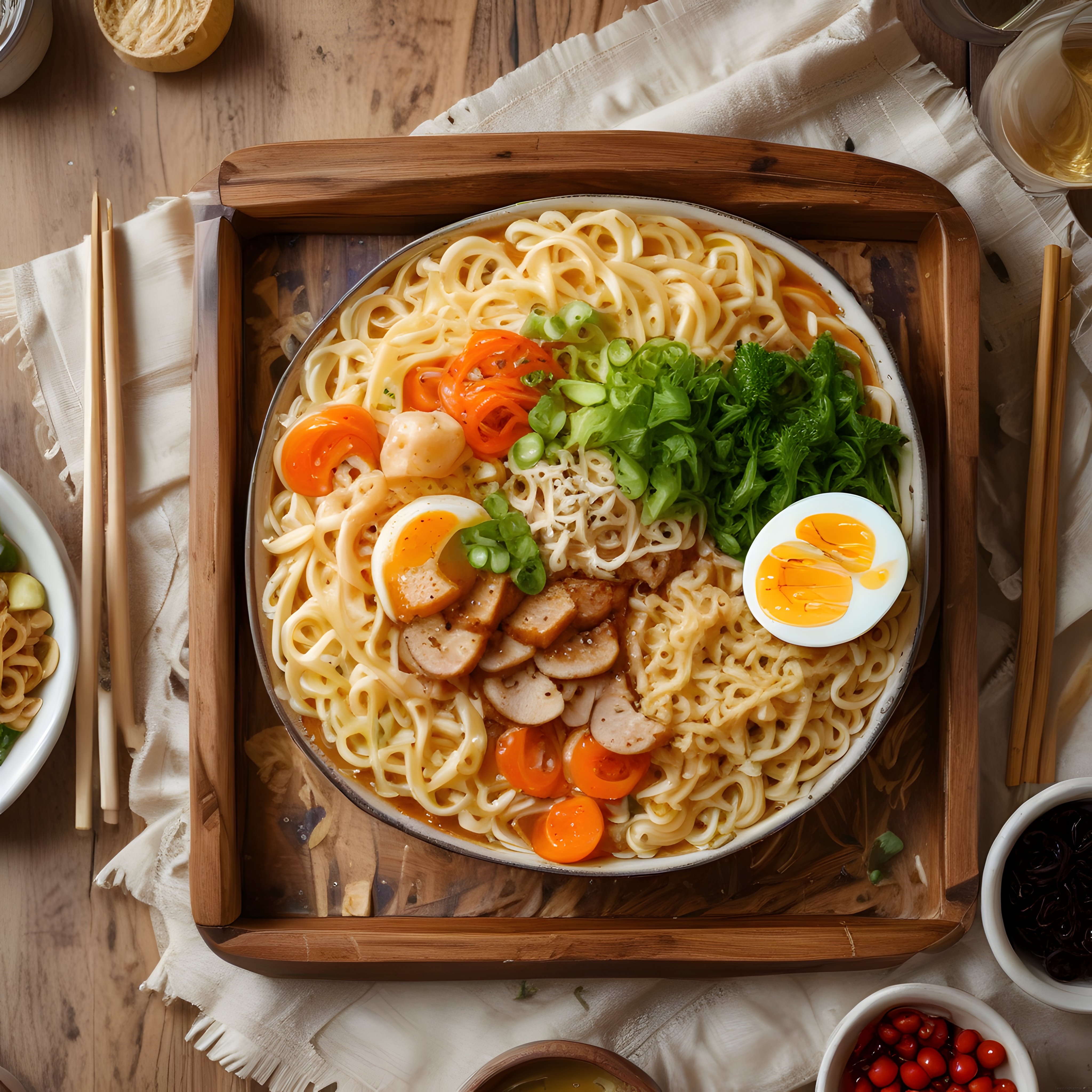 Rustik Ahşap Masada Sosisli ve Yumurtalı Renkli Ramen Kasesi