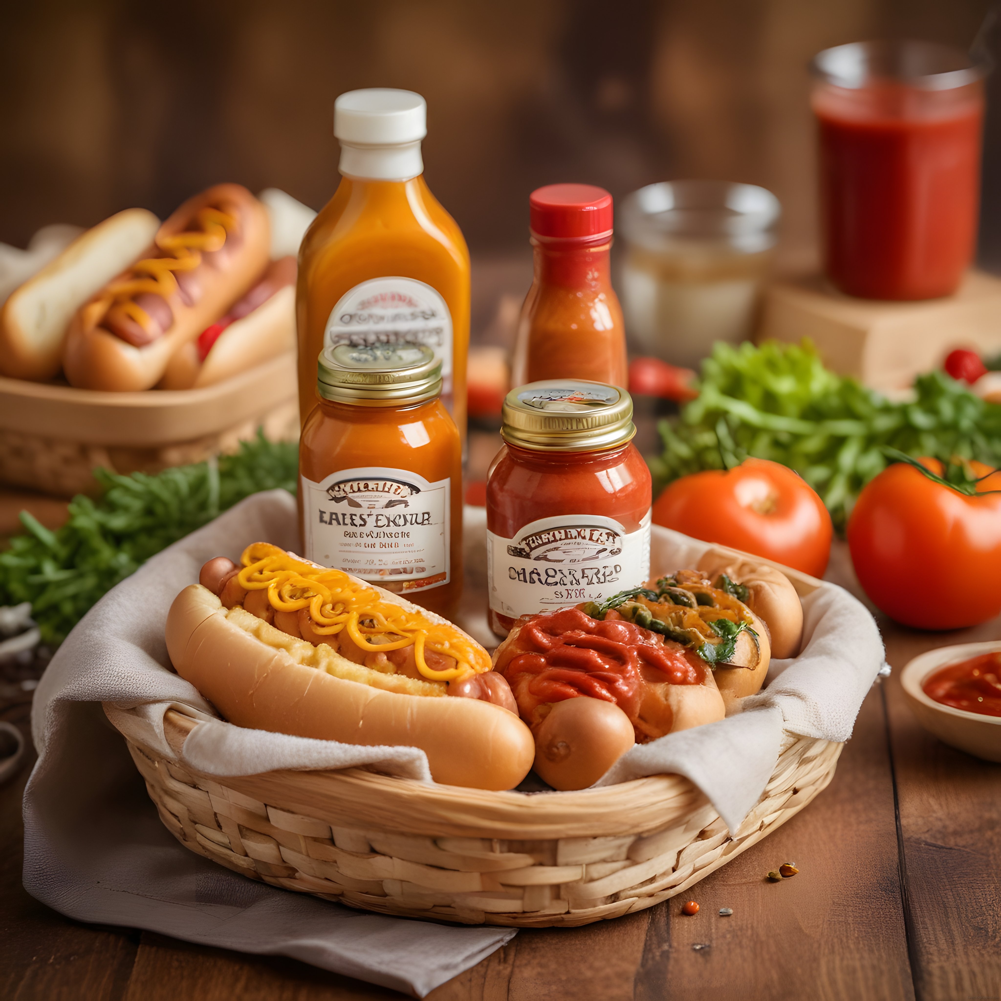 Rustik Ahşap Masada Soslu Hot Dog ve Ev Yapımı Sos Şişeleri