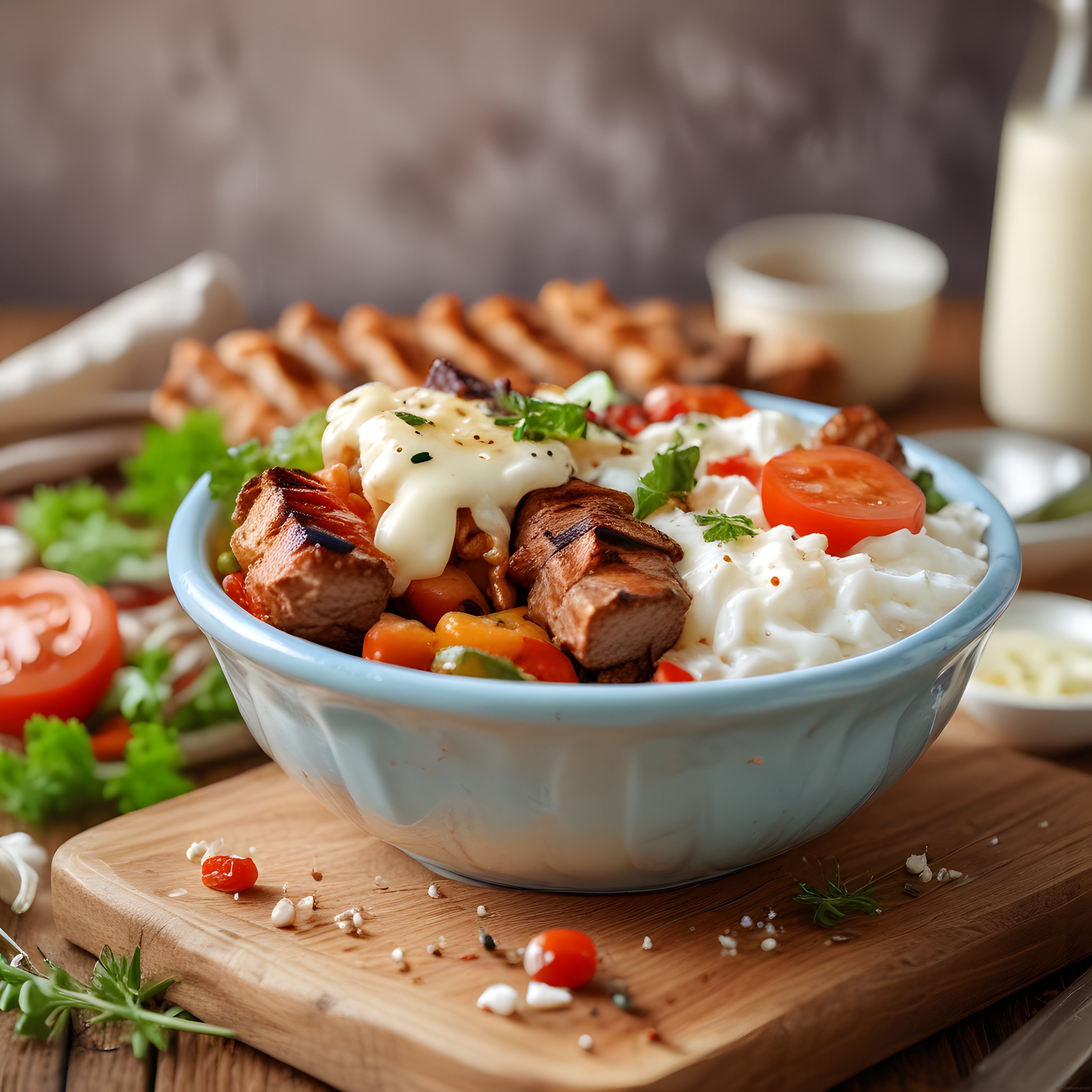 Rustik Ahşap Masada Soslu Izgara Tavuk ve Sebze Kasesi ile Patates Kızartması
