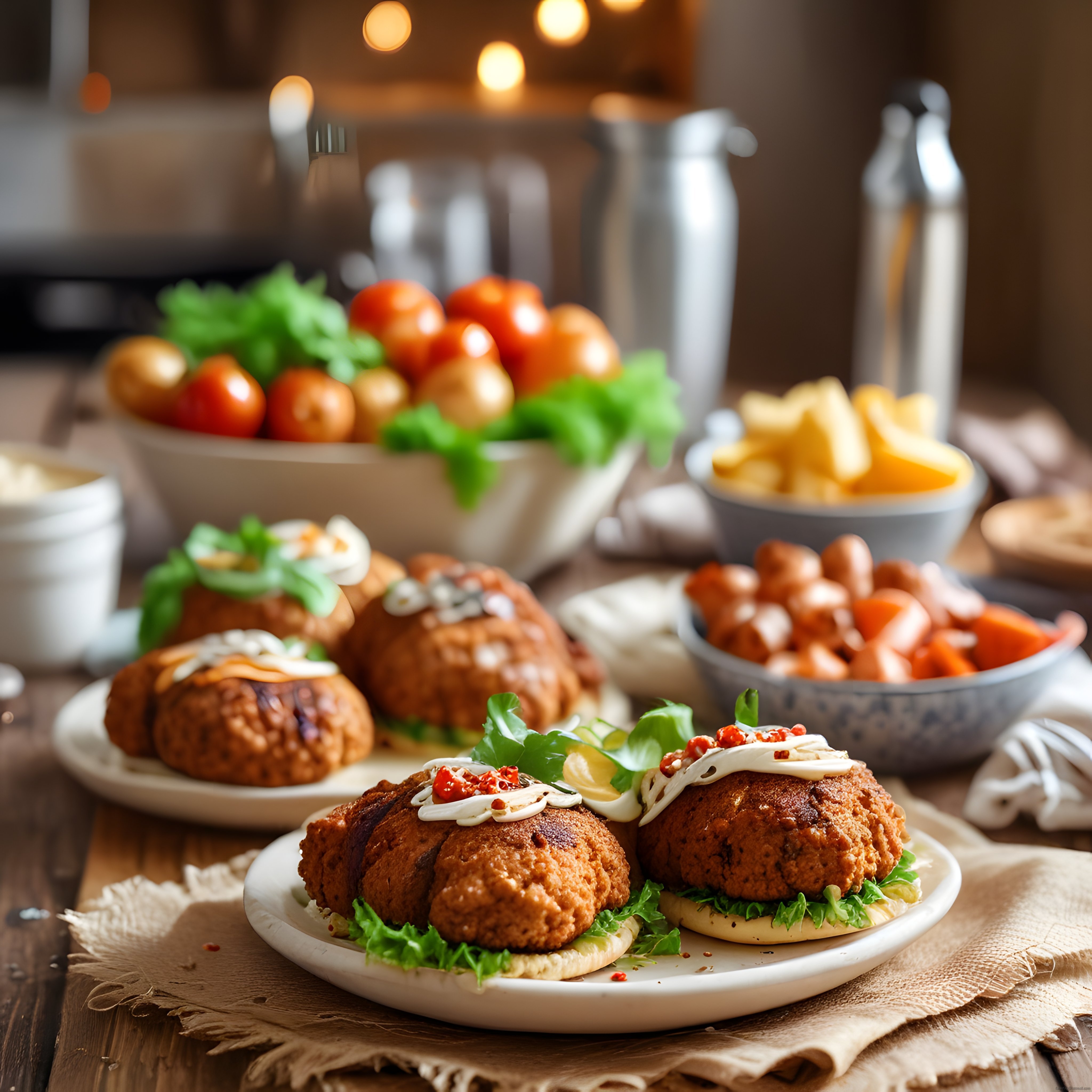 Rustik Ahşap Masada Soslu Köfte Burger ve Yan Lezzetlerle Zengin Sunum
