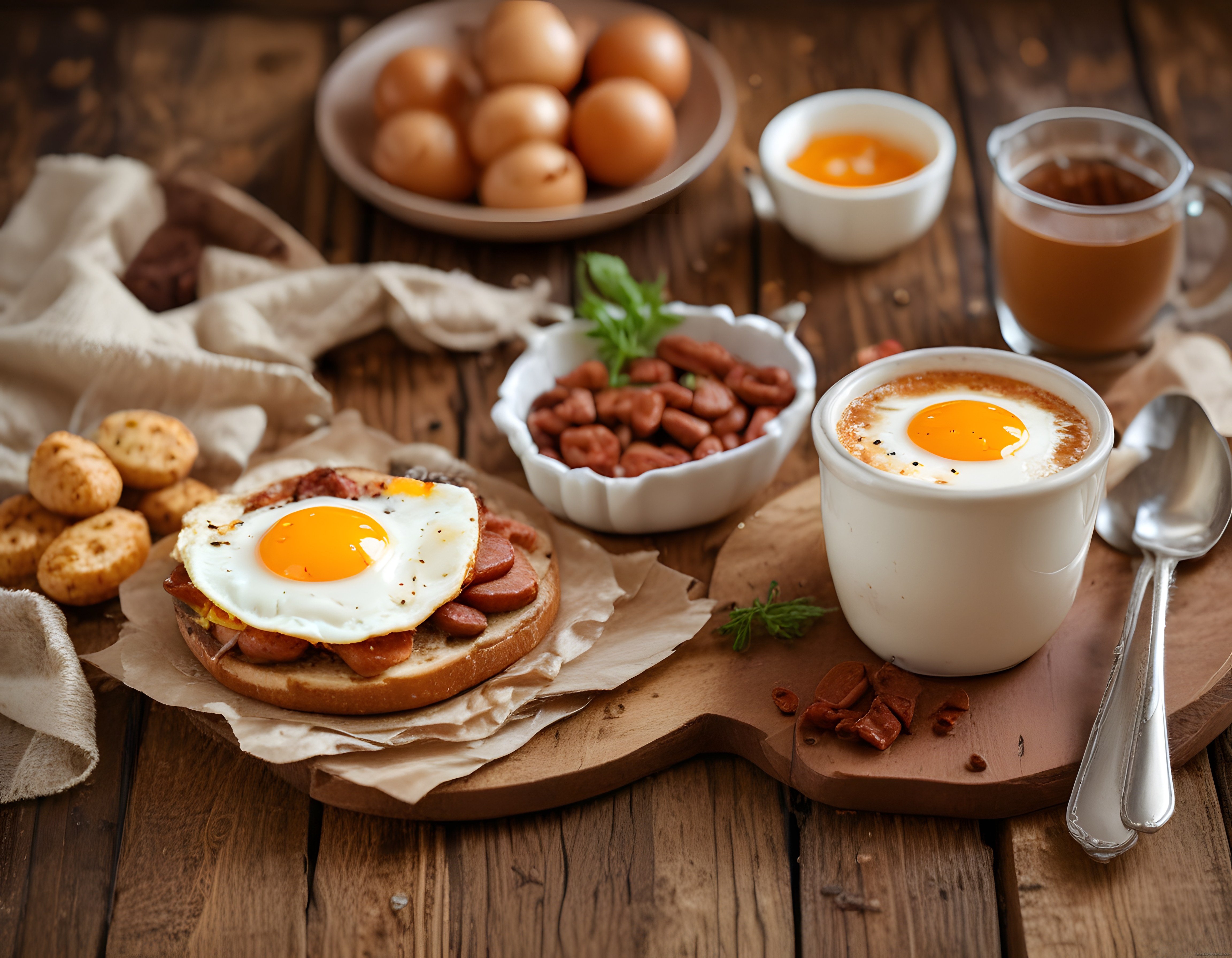 Rustik Ahşap Masada Sucuklu Yumurtalı Ekmek ve Sıcak Kahvaltı Sunumu
