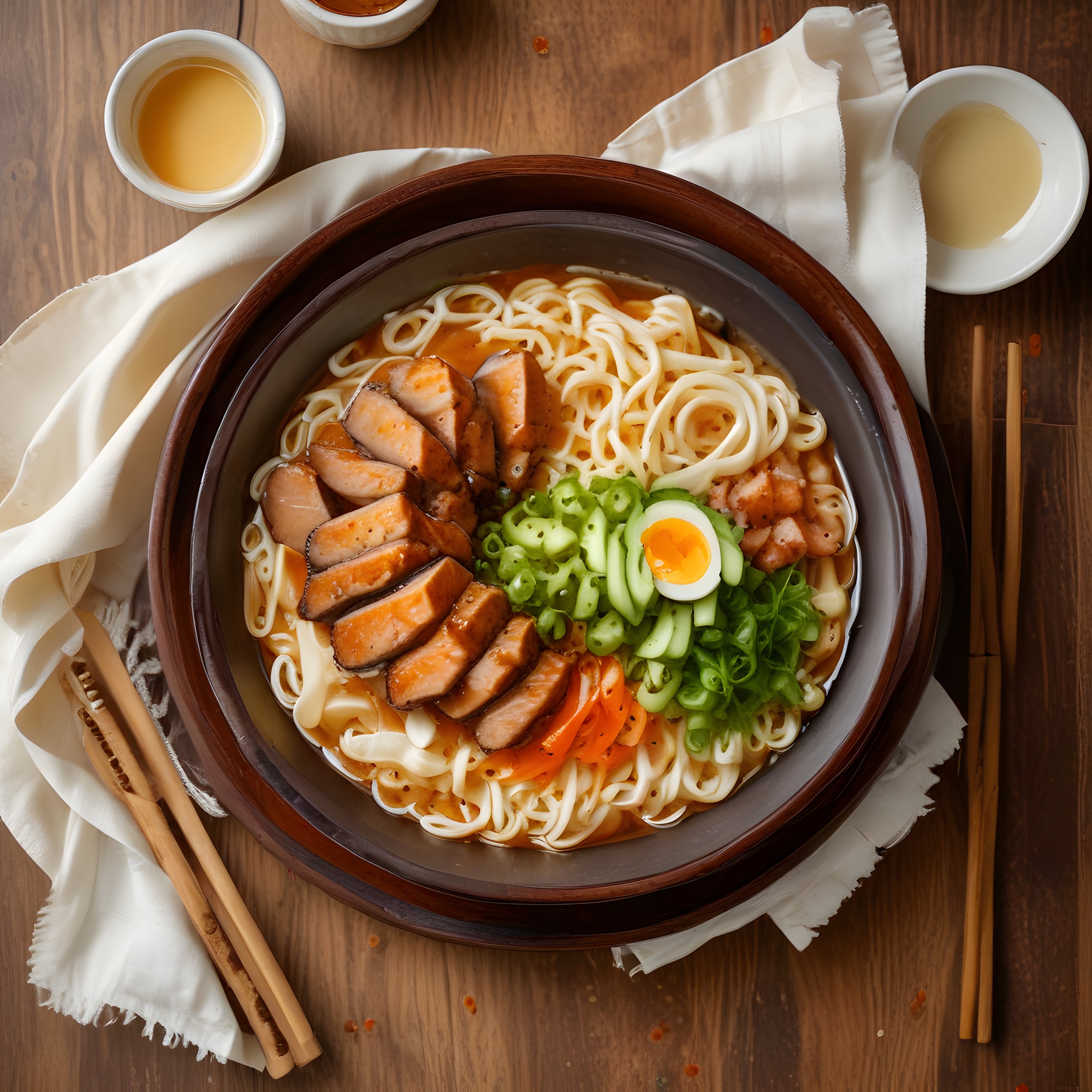 Rustik Ahşap Masada Sunulan Etli Noodle Kasesi ve Asya Çayı Flat Lay Fotoğrafı