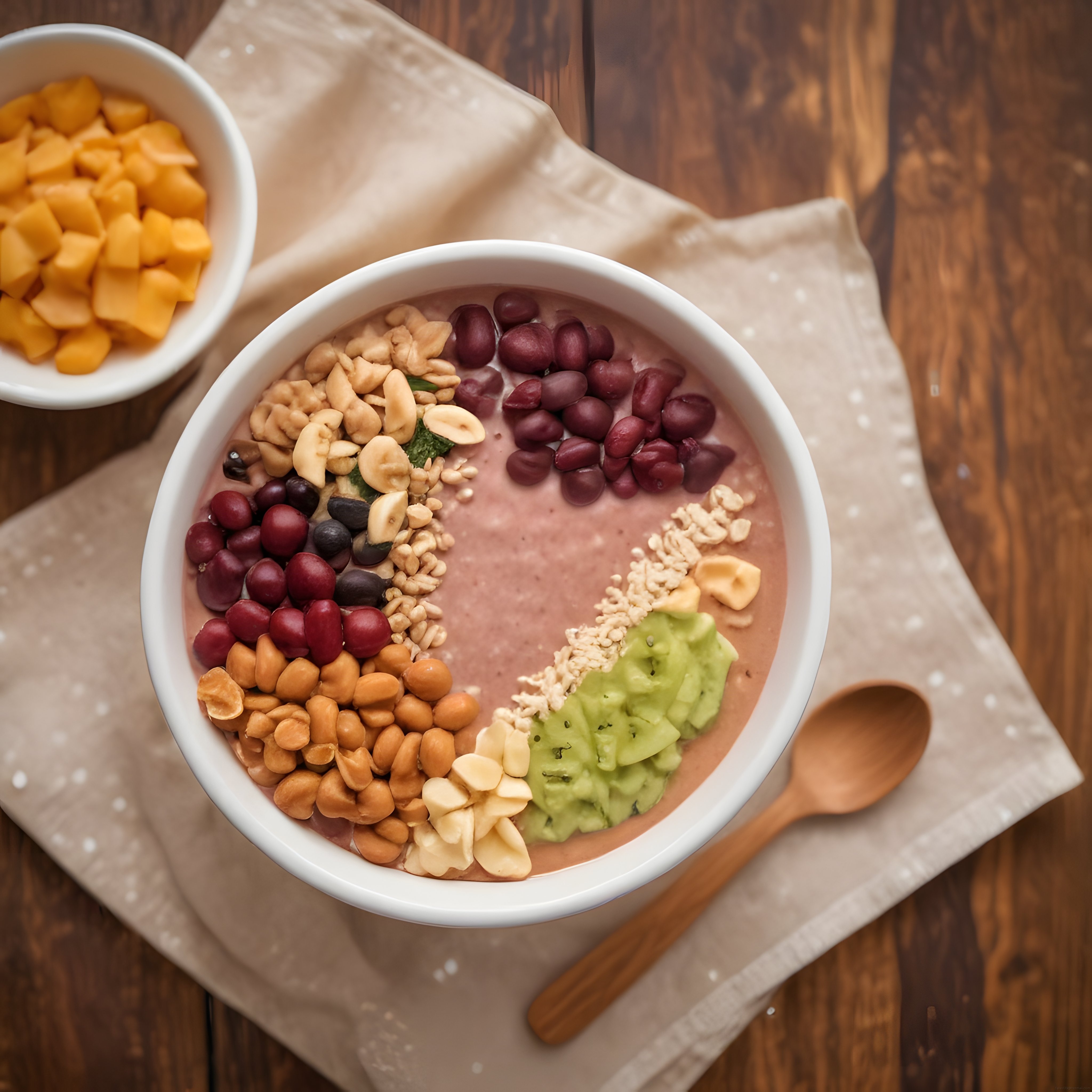 Rustik Ahşap Masada Sunulan Meyveli Kuruyemişli Sağlıklı Smoothie Bowl