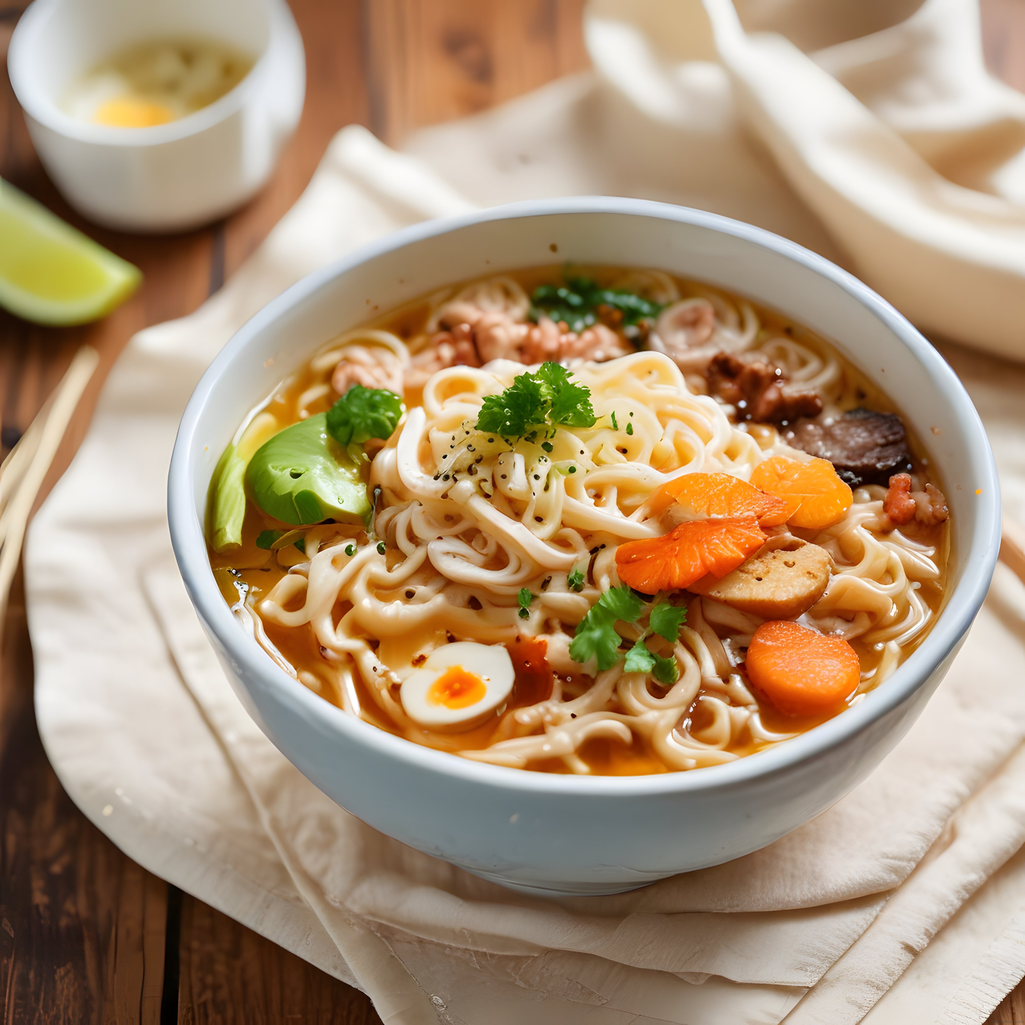 Rustik Ahşap Masada Sunulan Sıcak Asya Noodle Çorbası ve Taze Malzemeler
