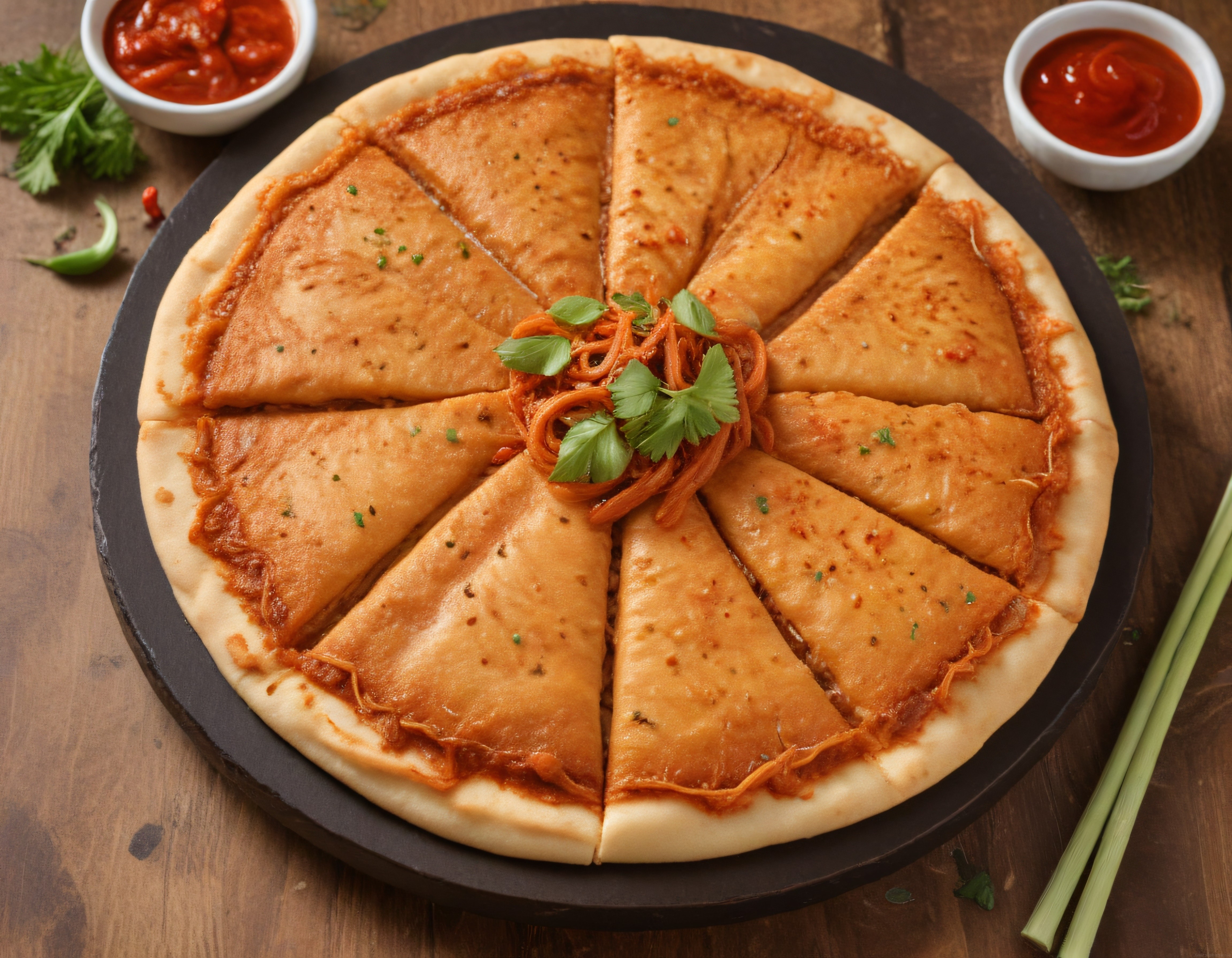 Rustik Ahşap Masada Sunum Tahtası Üzerinde Soslar Eşliğinde Özel Pizza