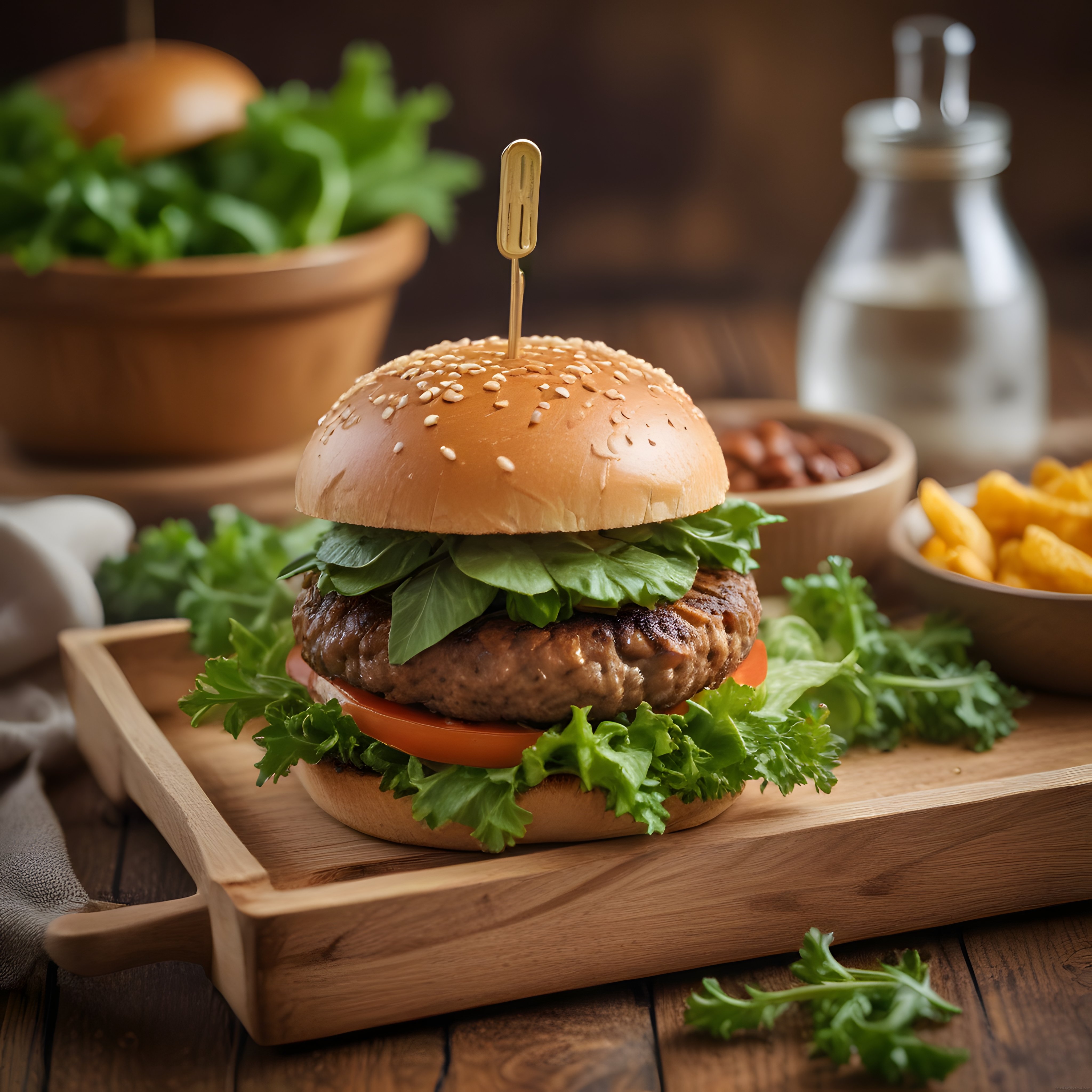 Rustik Ahşap Masada Sunumlu Izgara Köfteli Susamlı Hamburger