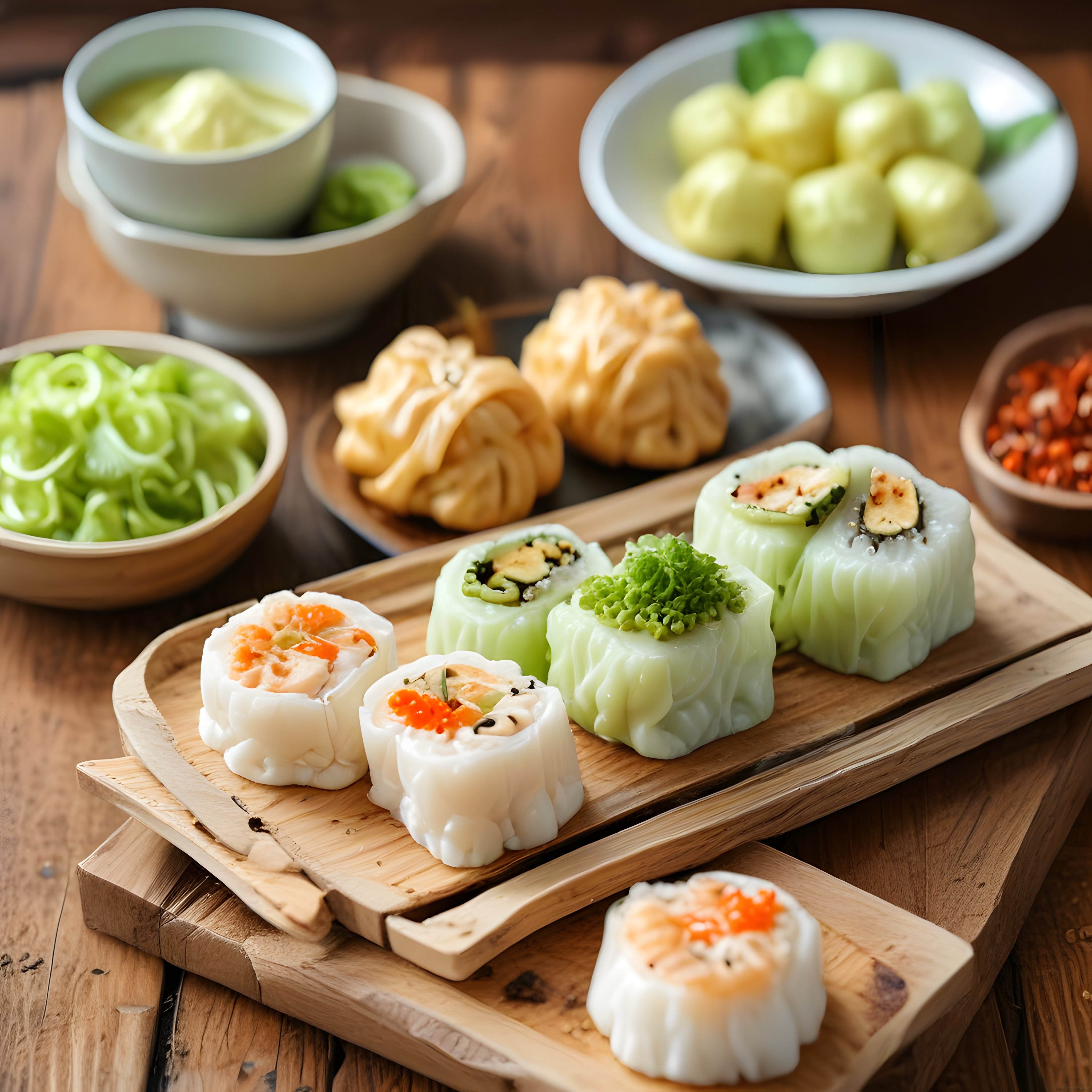 Rustik Ahşap Masada Sushi ve Buharlı Mantı ile Uzak Doğu Sunumu