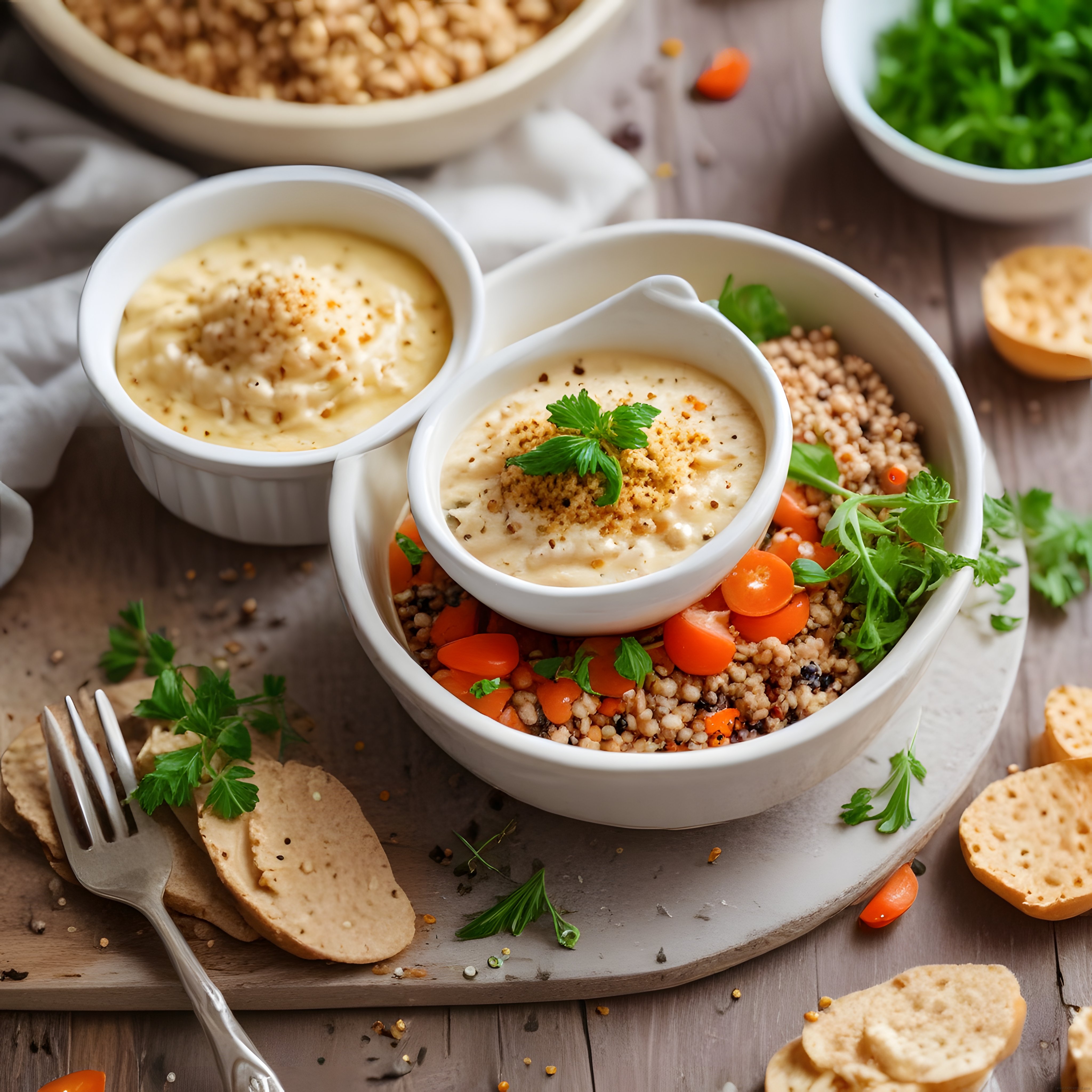 Rustik Ahşap Masada Tahıl Kasesi, Havuç ve Krema Soslu Sağlıklı Sunum
