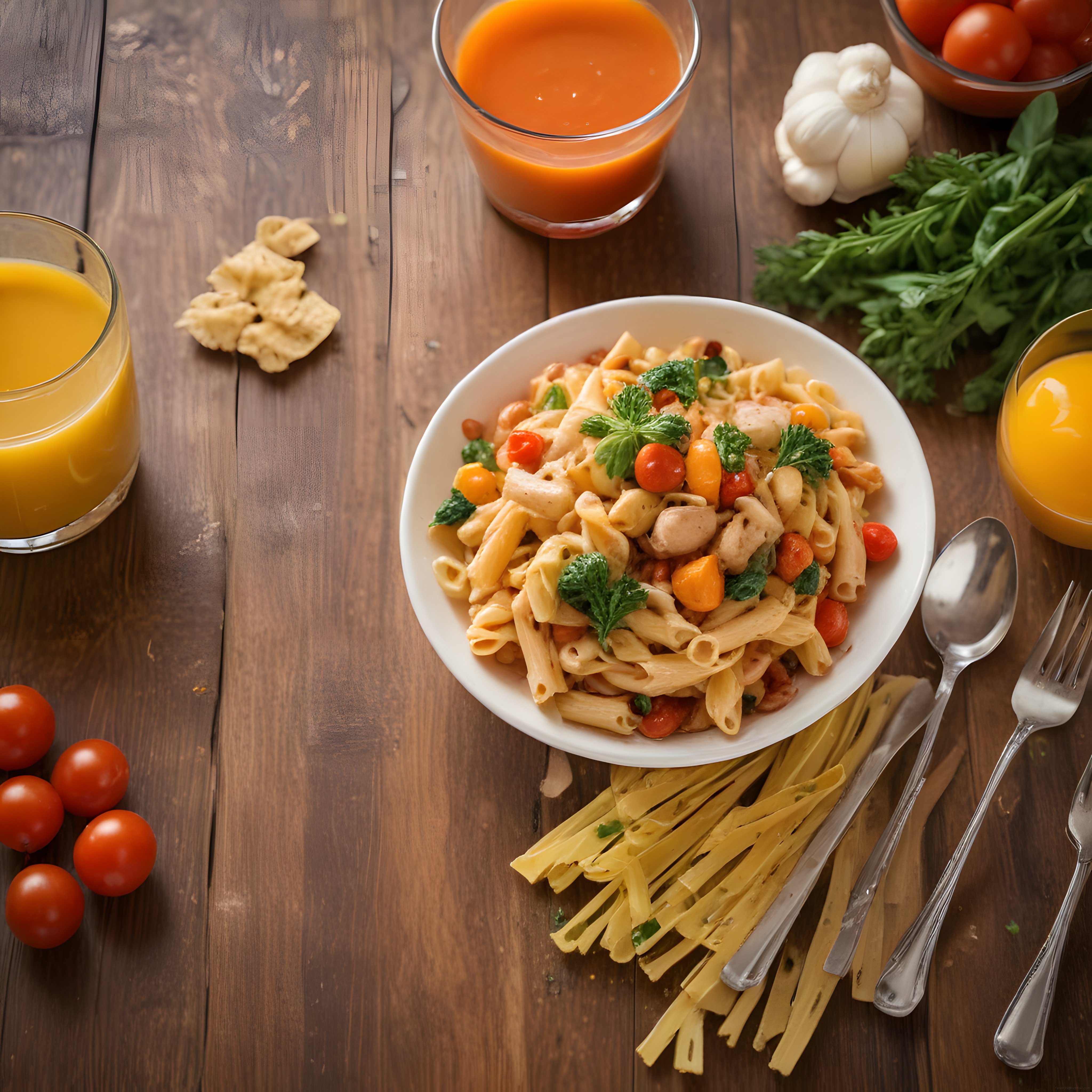 Rustik Ahşap Masada Tavuklu Domatesli Penne Makarna ve Taze Malzemeler