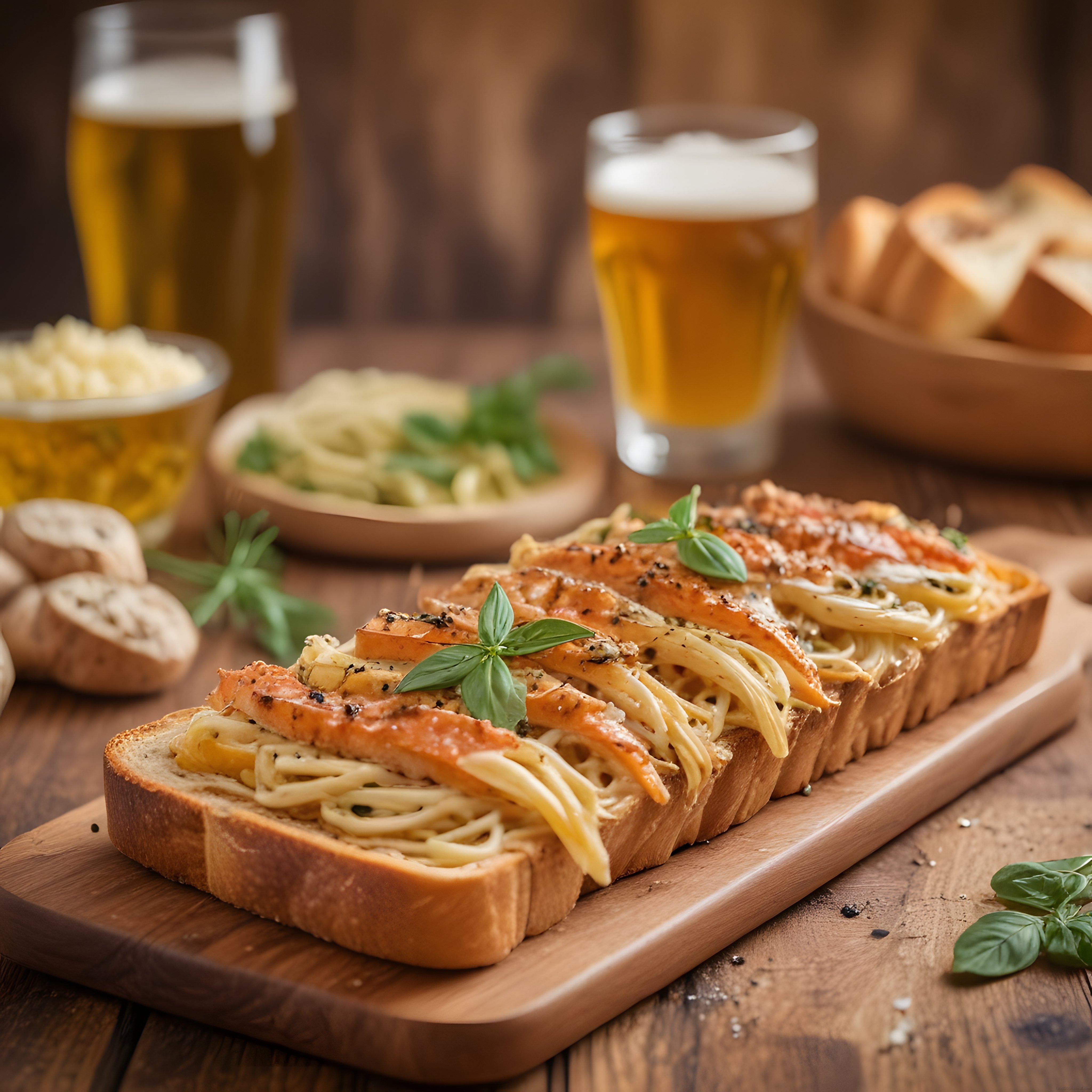 Rustik Ahşap Masada Tavuklu Makarna Bruschetta ve Bira Sunumu