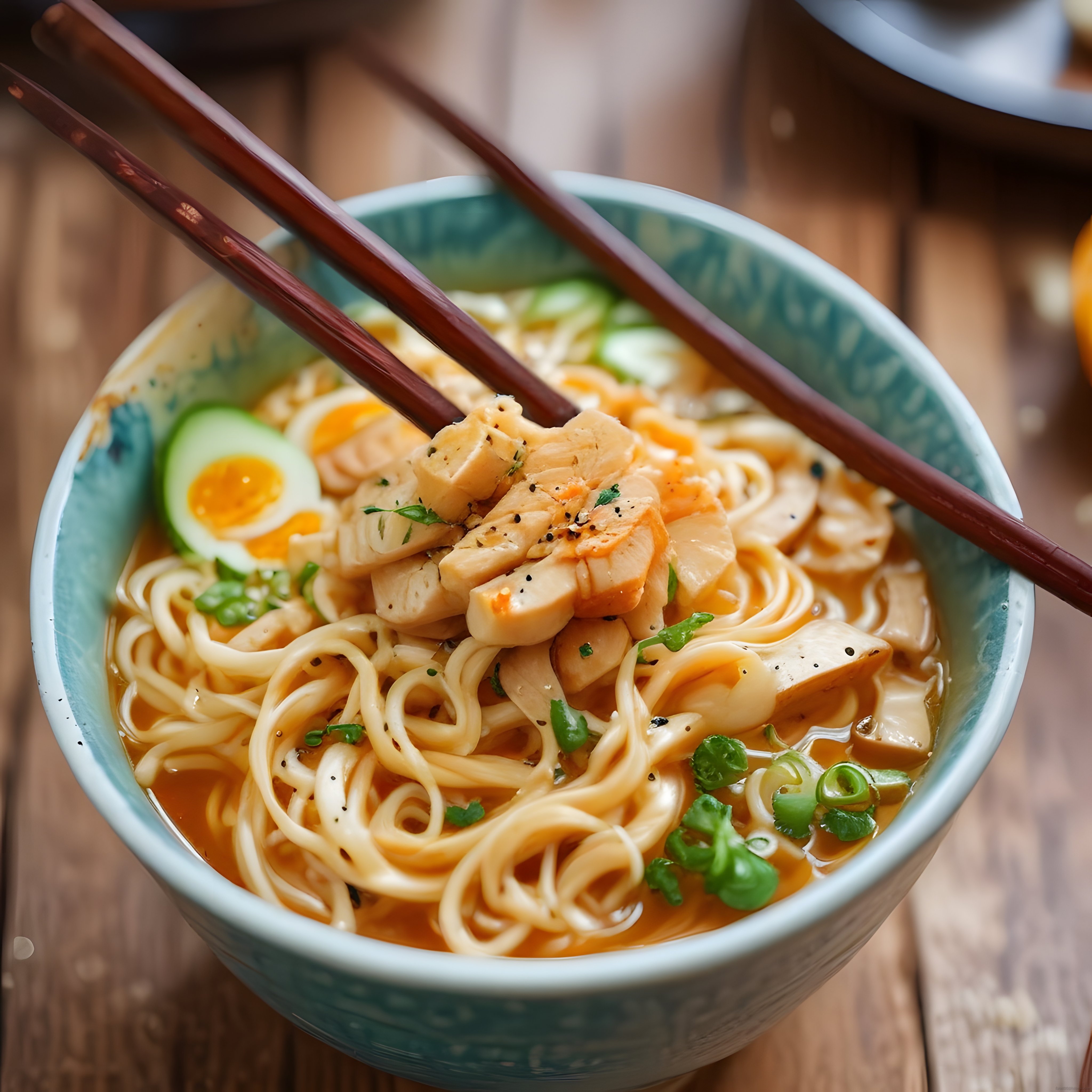 Rustik Ahşap Masada Tavuklu Ramen ve Haşlanmış Yumurtalı Erişte Kasesi
