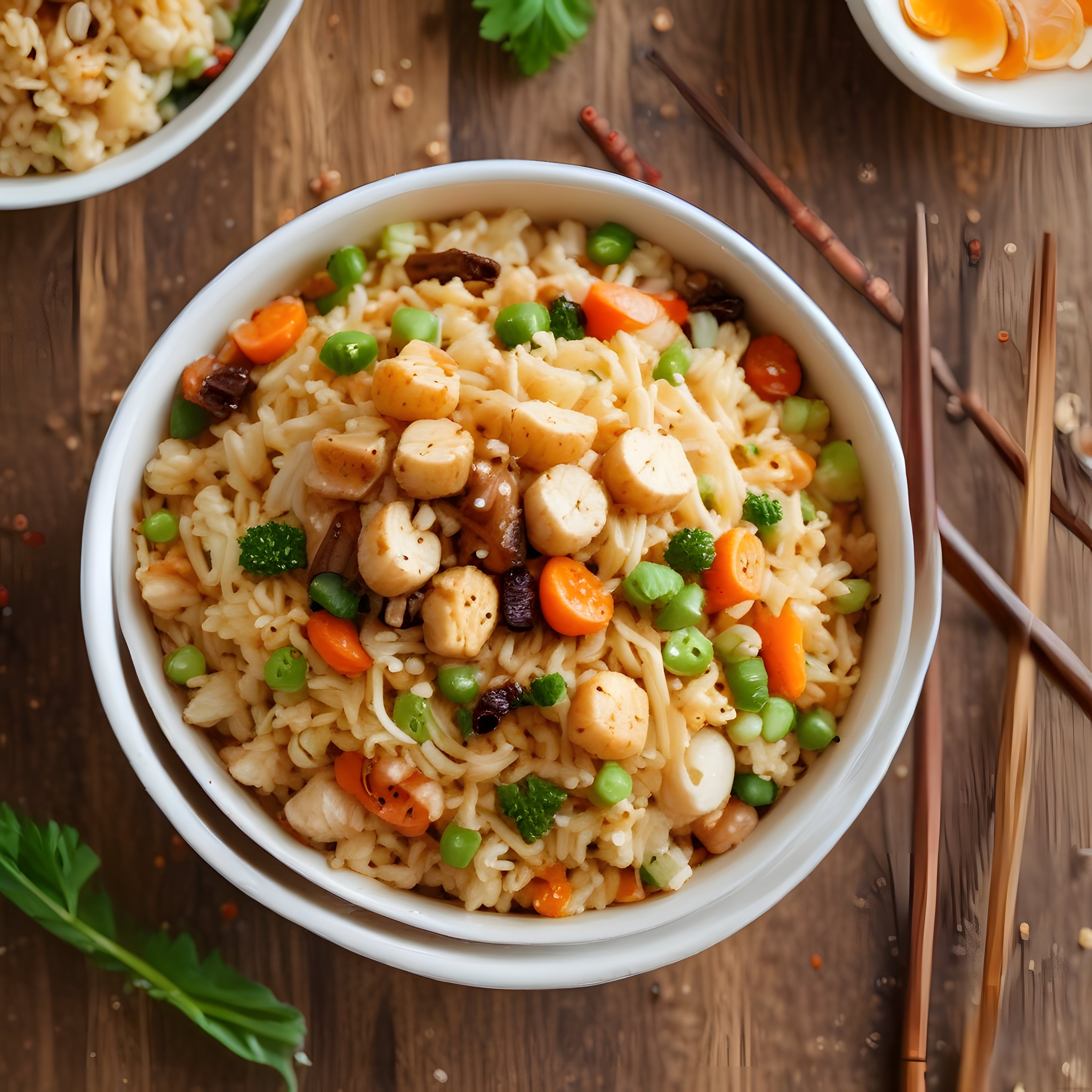 Rustik Ahşap Masada Tavuklu Sebzeli Noodle Pilav Kasesi ve Yemek Çubukları