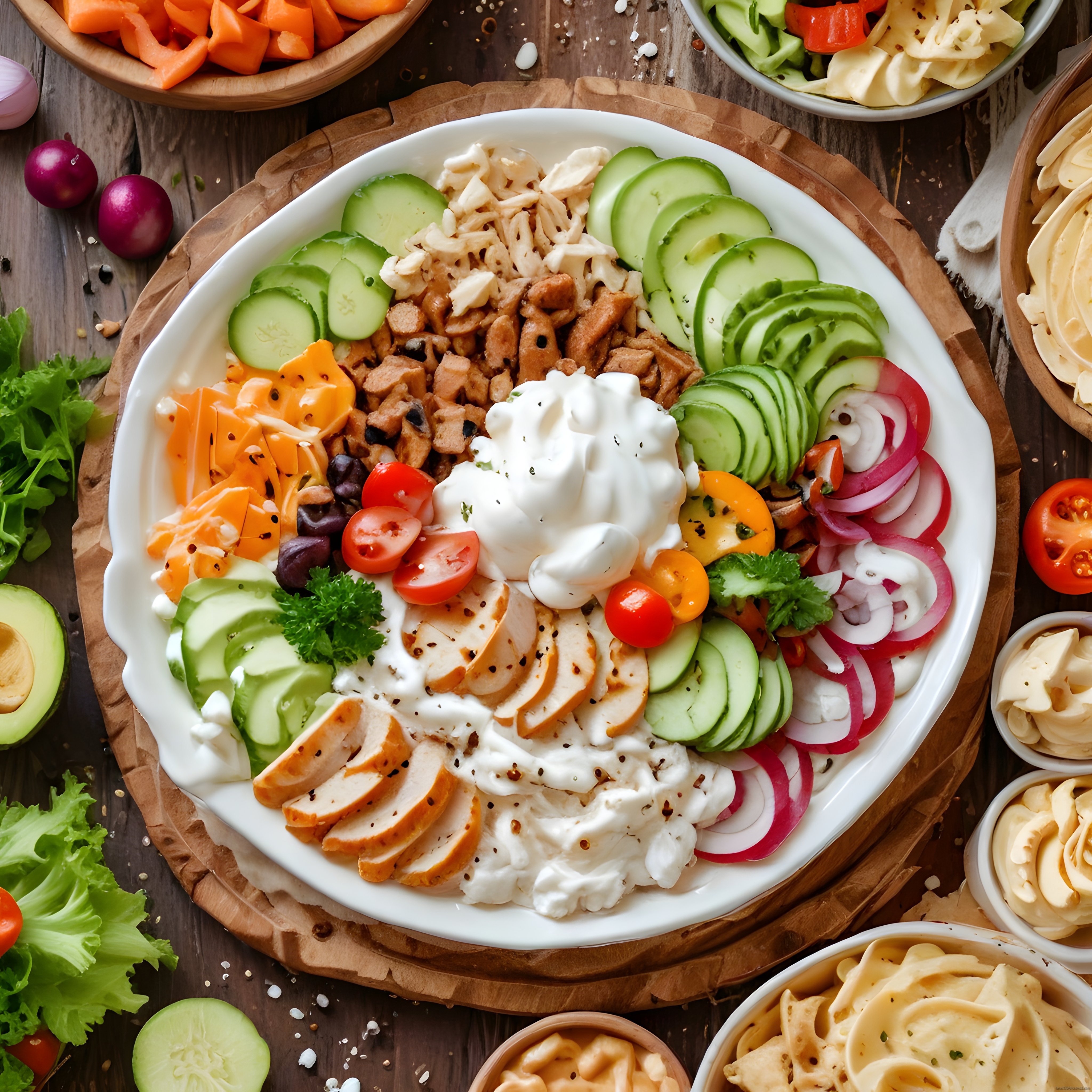 Rustik Ahşap Masada Tavuklu Sebzeli Protein Kasesi ve Taze Malzemeler