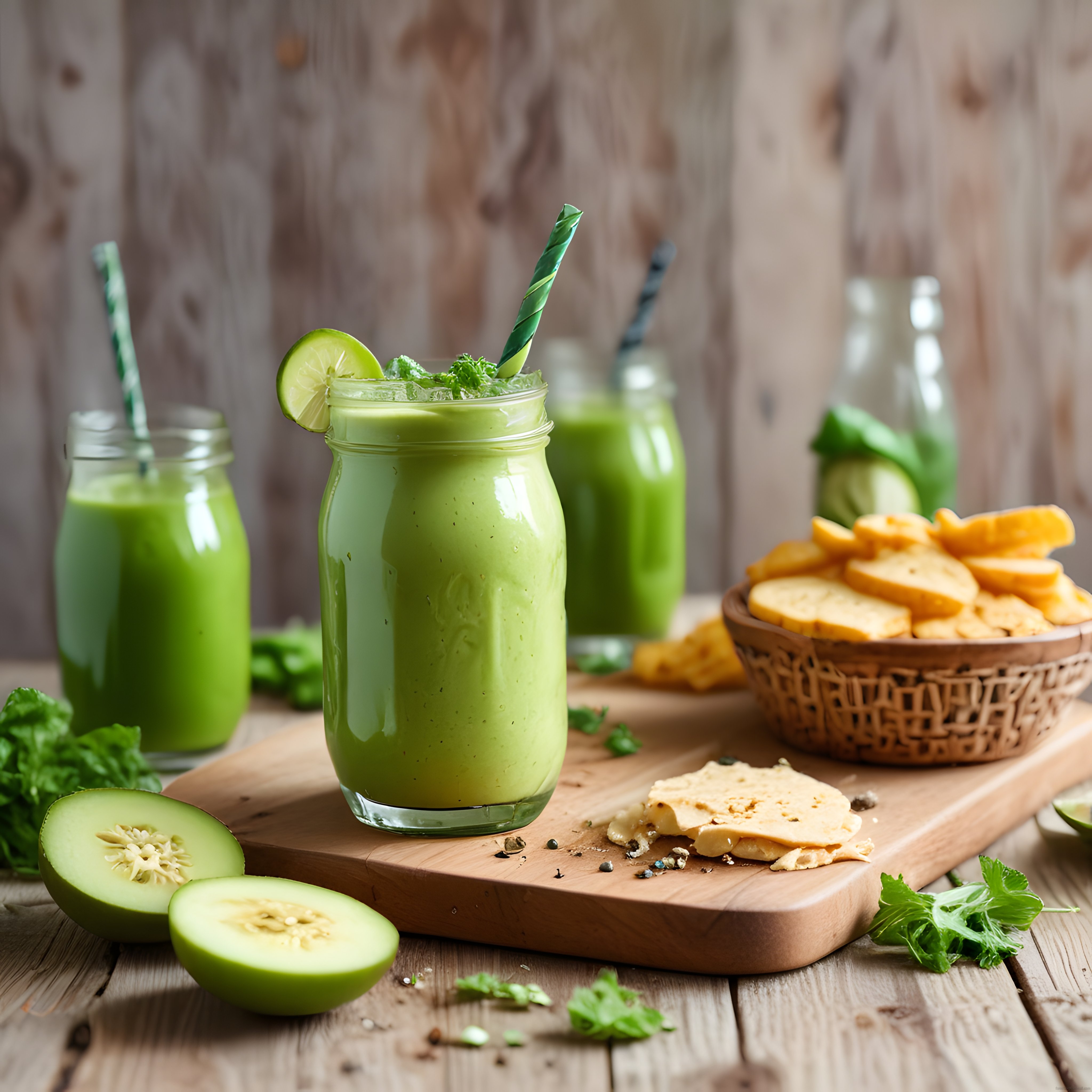 Rustik Ahşap Masada Taze Avokado ve Limonlu Sağlıklı Yeşil Smoothie