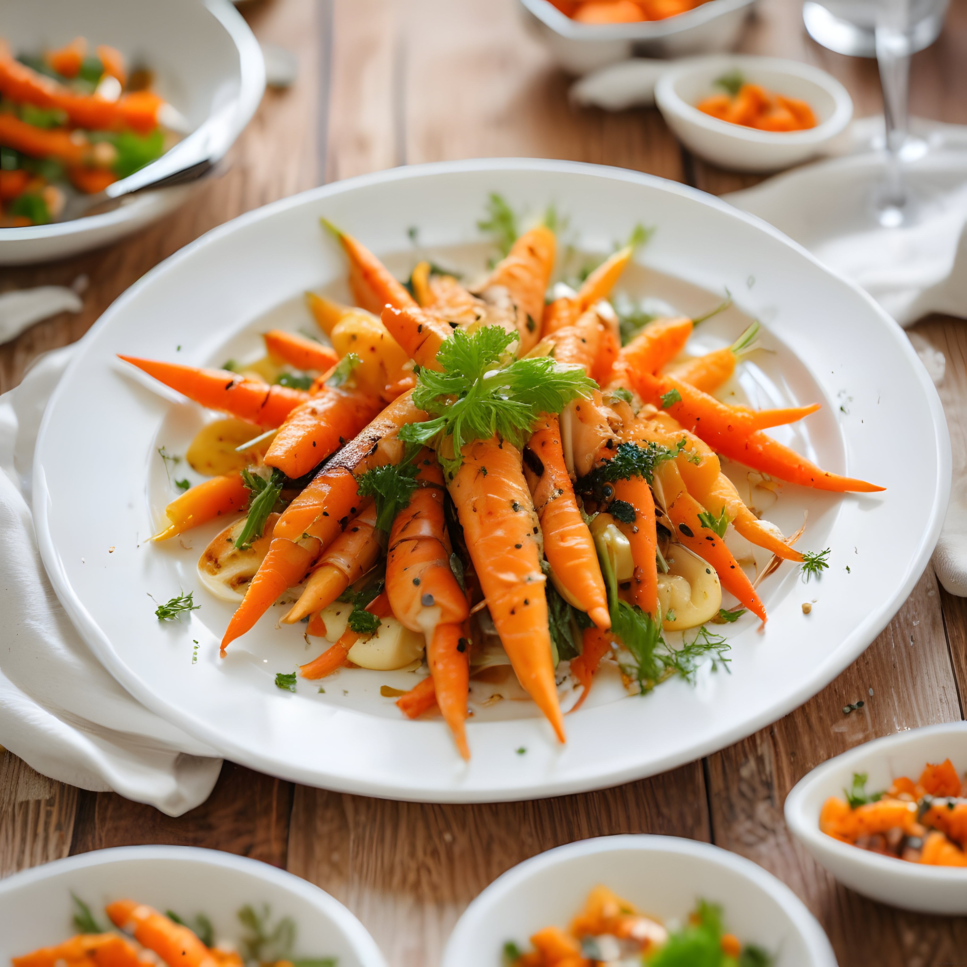 Rustik ahşap masada taze baharatlı ve yeşillikli havuç sunumu