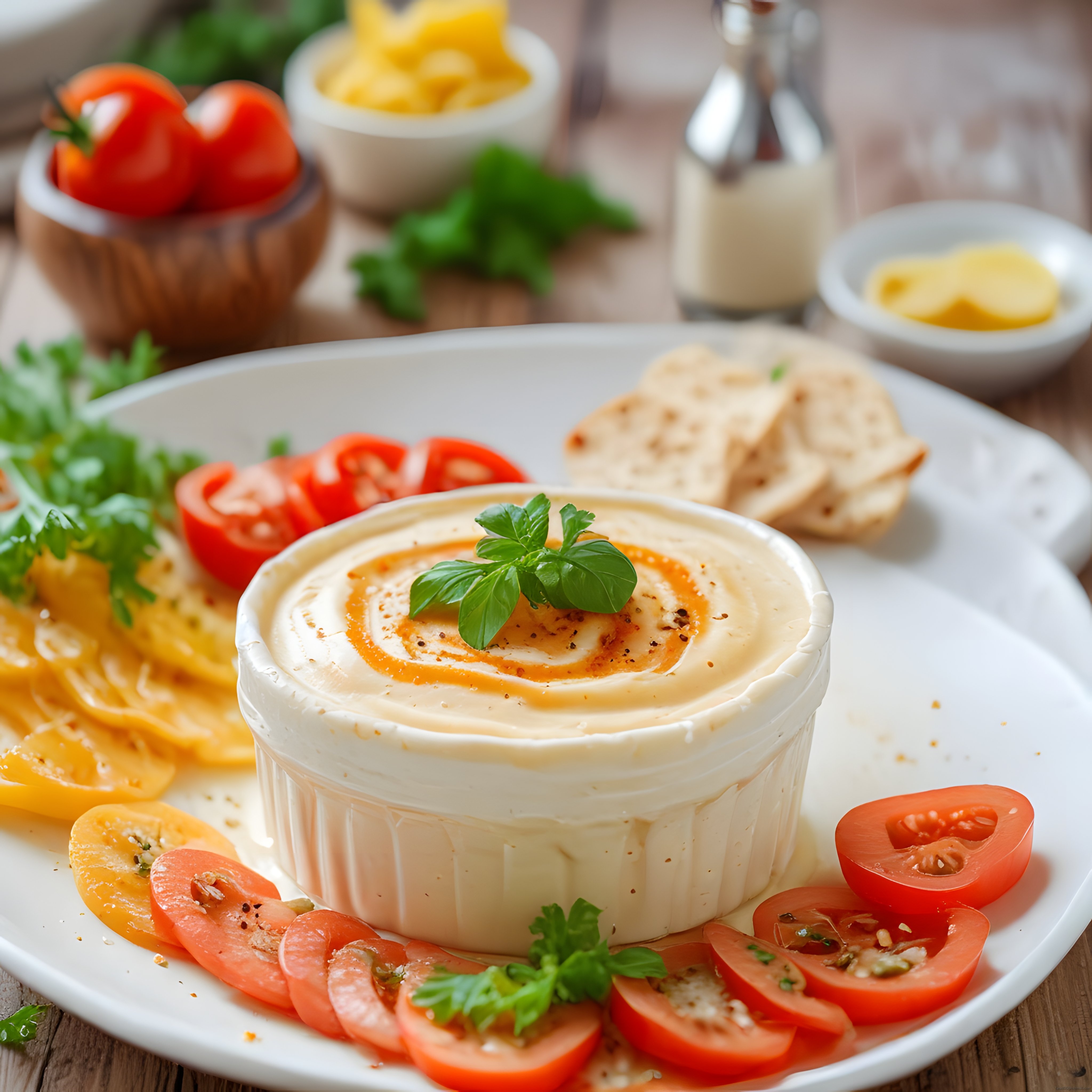 Rustik Ahşap Masada Taze Domates ve Maydanozlu Humus Meze Tabağı