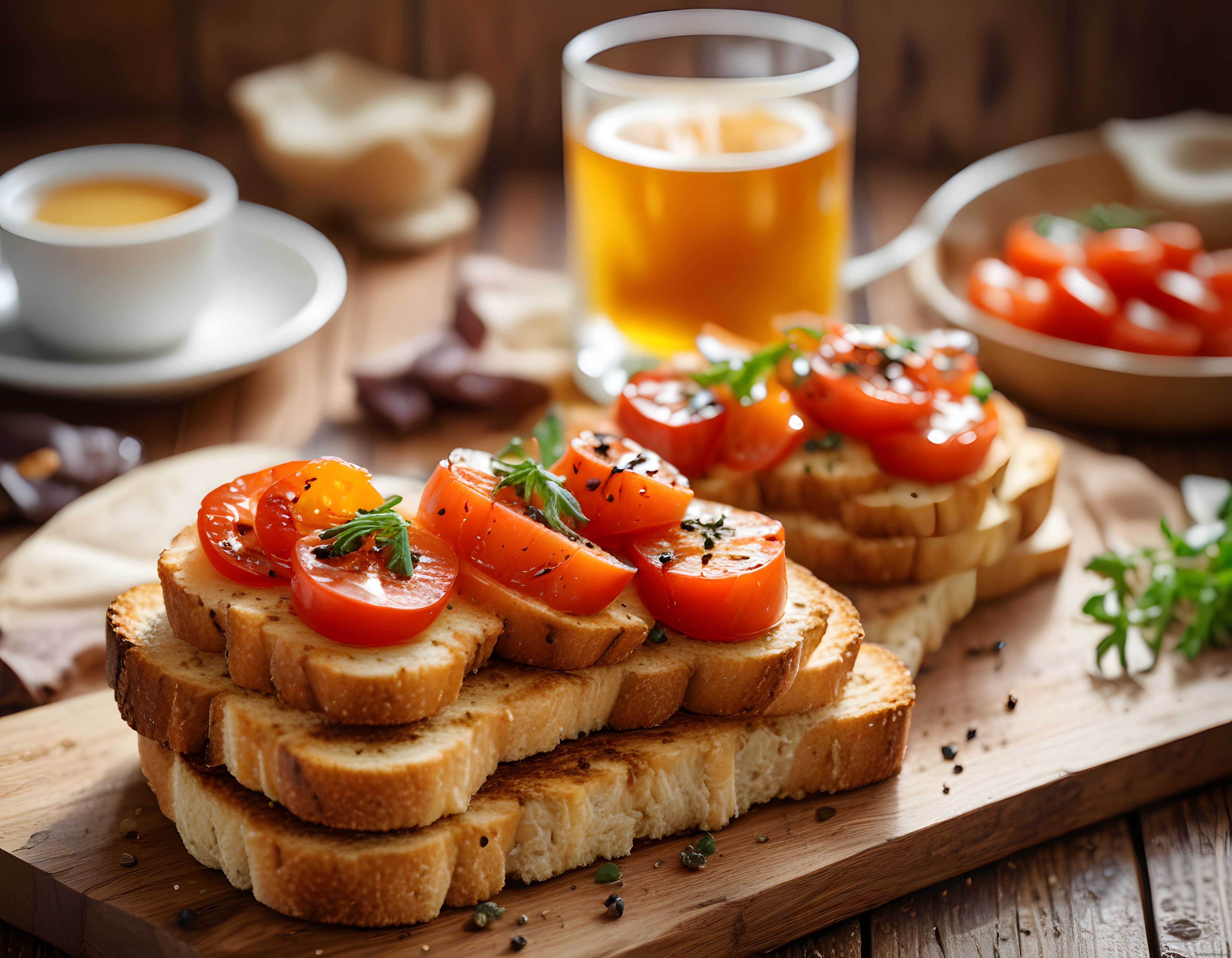 Rustik Ahşap Masada Taze Domatesli Bruschetta ve Portakal Suyu Kahvaltısı